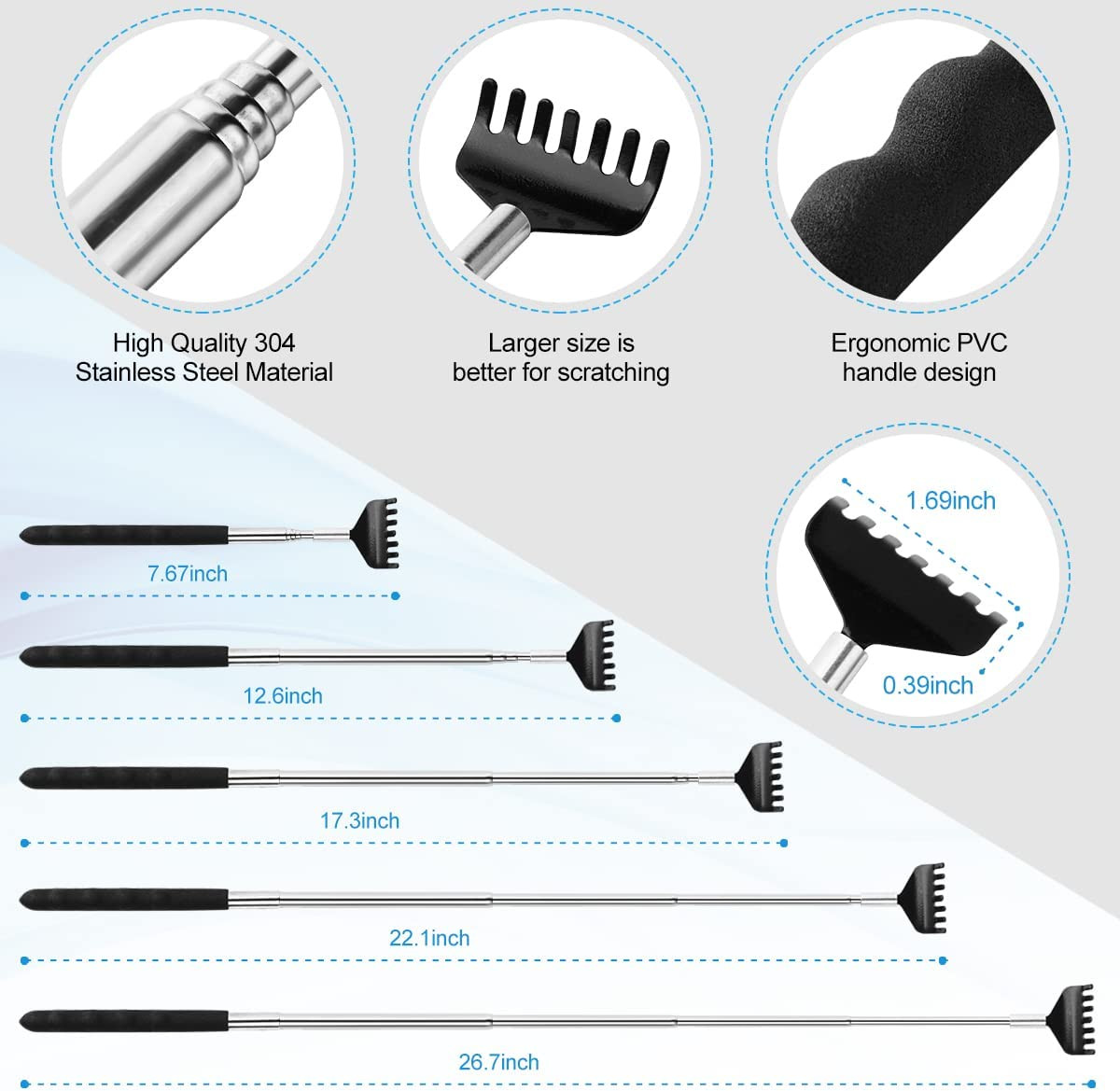3 Pack Different Back Scratcher Metal Portable Telescoping with Rubber Handles,