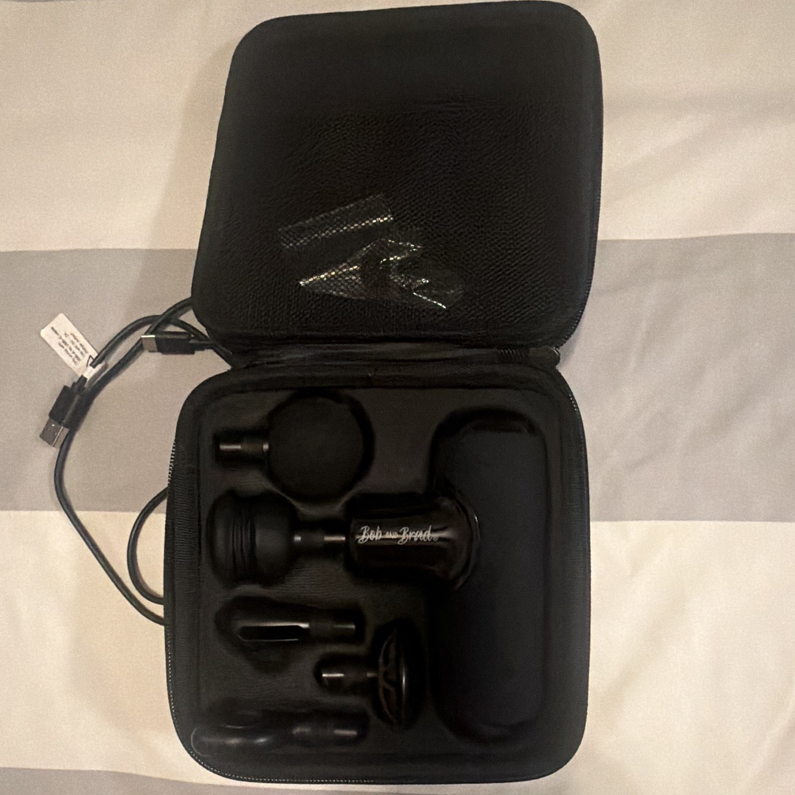 Bob and Brad Mini Percussion Massage Gun Black Rechargeable USB, Case, 5 Heads