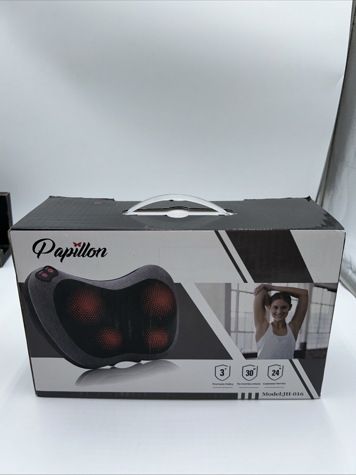 New Papillon JH-016 Black Gray 3D Shiatsu Heat Neck Back Massager Pillow