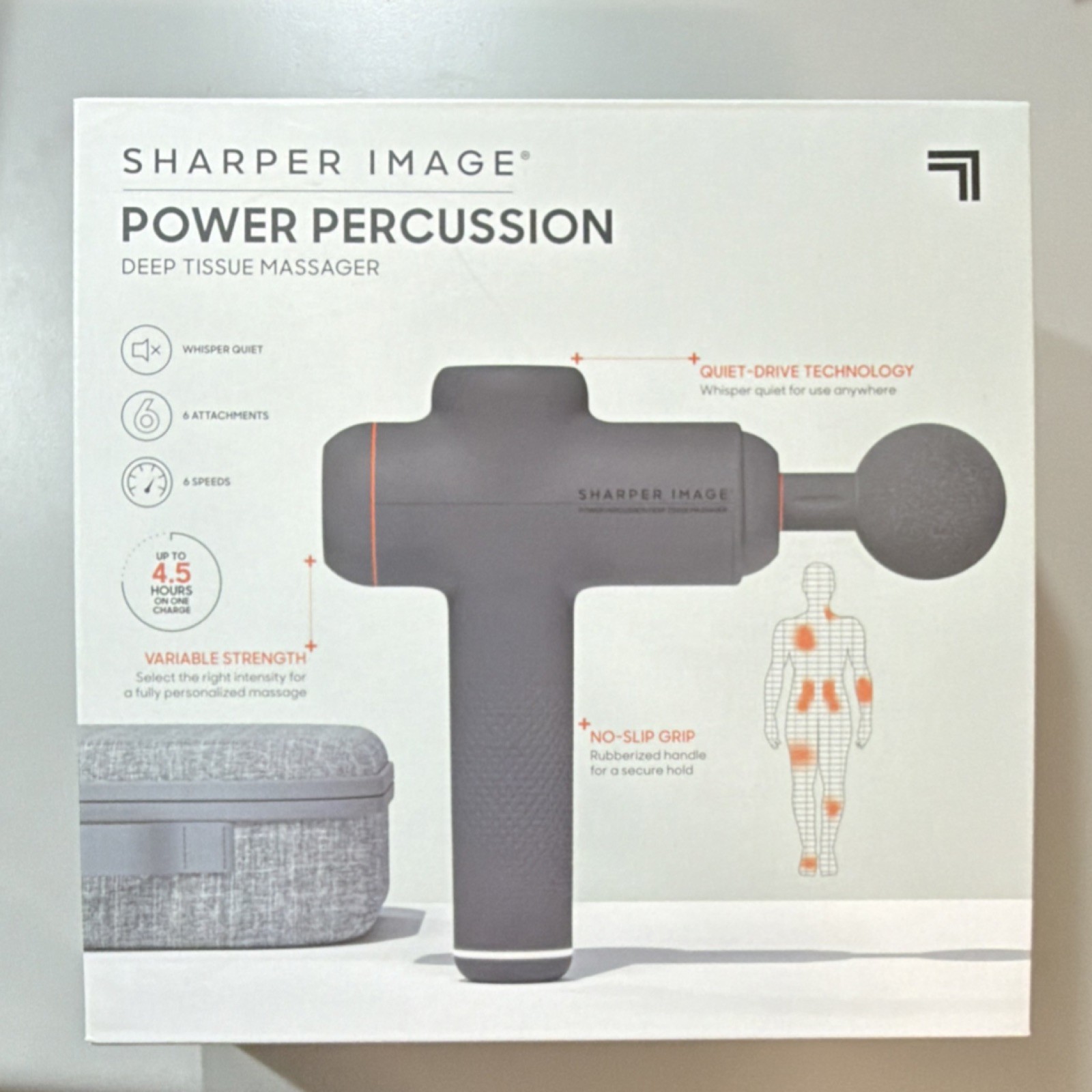Sharper Image Power Percussion Massage Gun, 6 Attachments, Cordless, Gray/Black