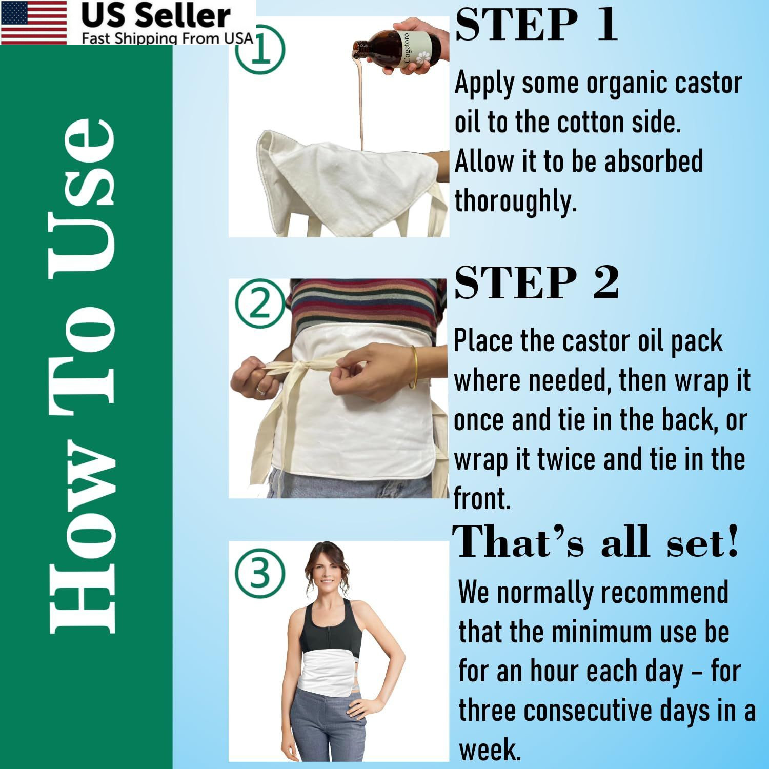 Organic Castor Oil Pack Wrap Reusable Cotton Liver Detox Stomach Kit 6-Strap Set