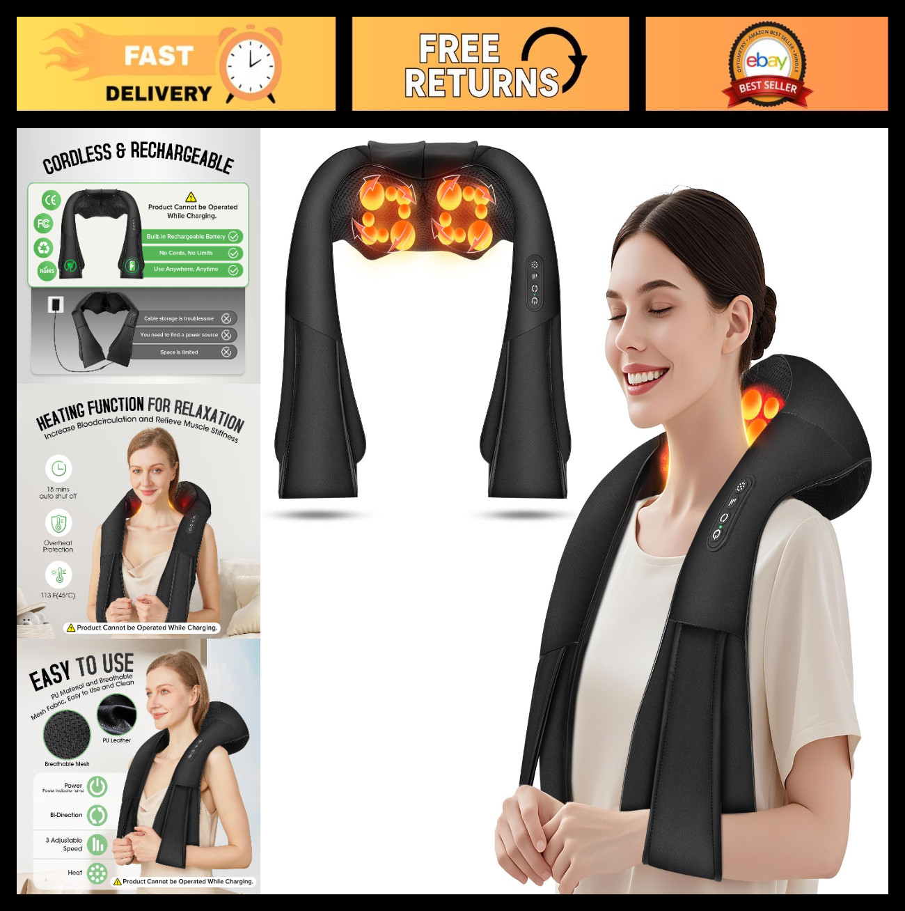 Cordless Shiatsu Neck & Shoulder Massager with Heat – 4D Deep Tissue Relief for