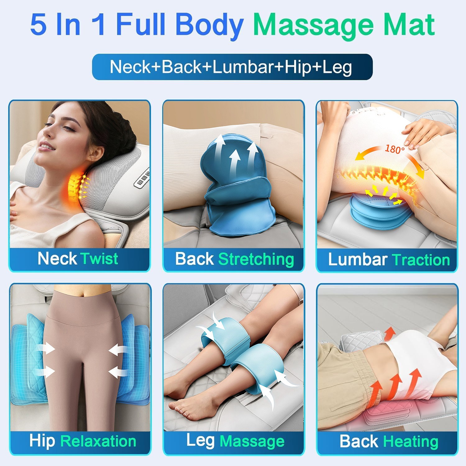 Foldable Full Body Massage Mat w/ Heat/Timer/Airbag,4 Zone Shiatsu Vibration Pad