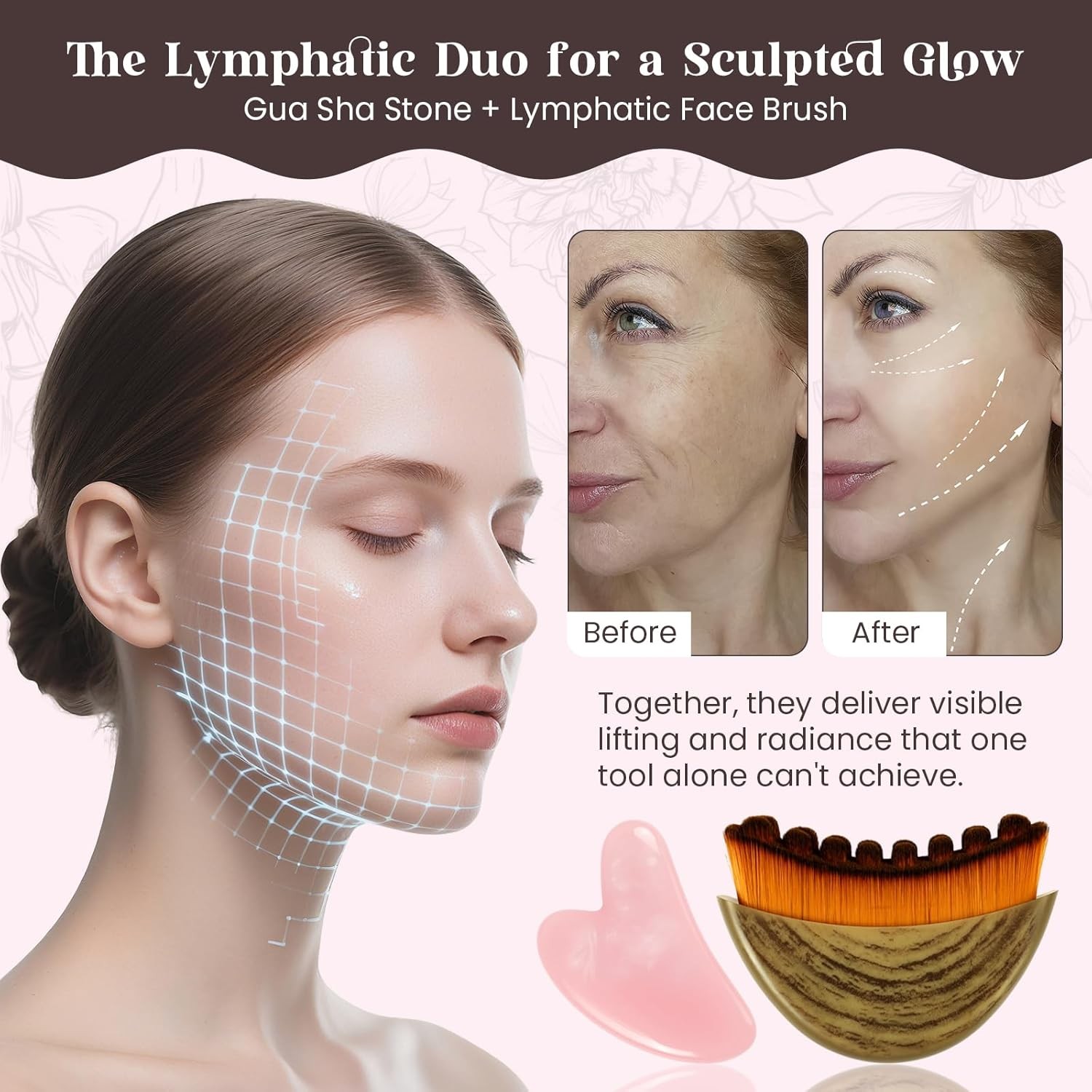 2-in-1 Lymphatic Face Massage Brush & Gua Sha Tool Set for Contouring