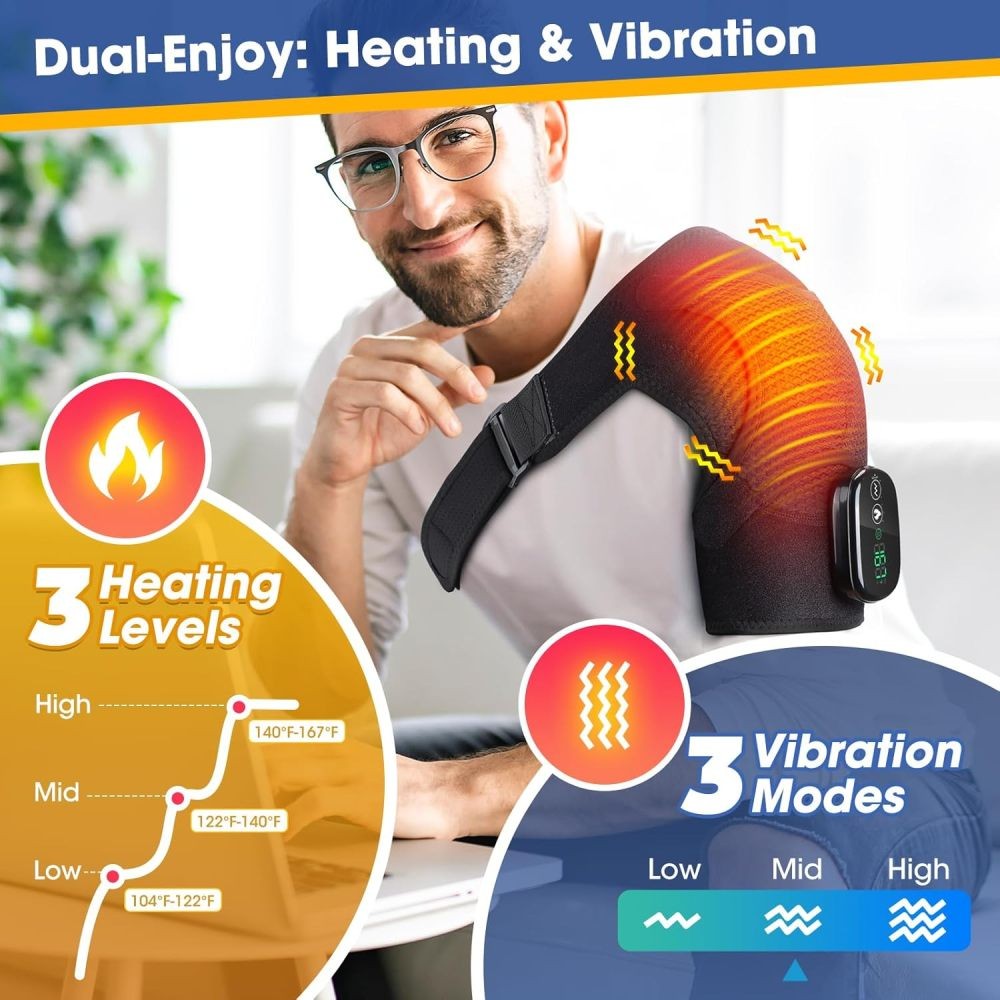 Electric Shoulder Brace Heat & Vibration Massage LED Display Adjustable Straps