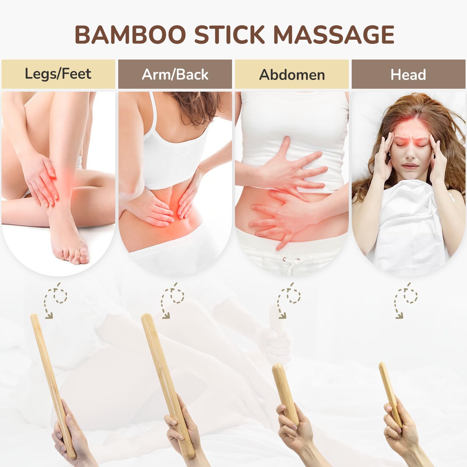 4PCS Solid Bamboo Massage Sticks & Guasha Set with Roller/Stick – 100% Bamboo Th