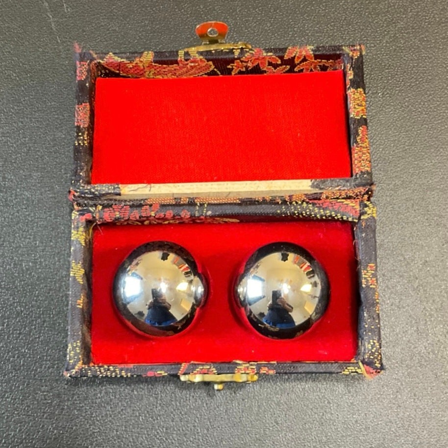 Chinese Baoding Balls Set w Silk Brocade Box Stress Meditation Hand Exercise