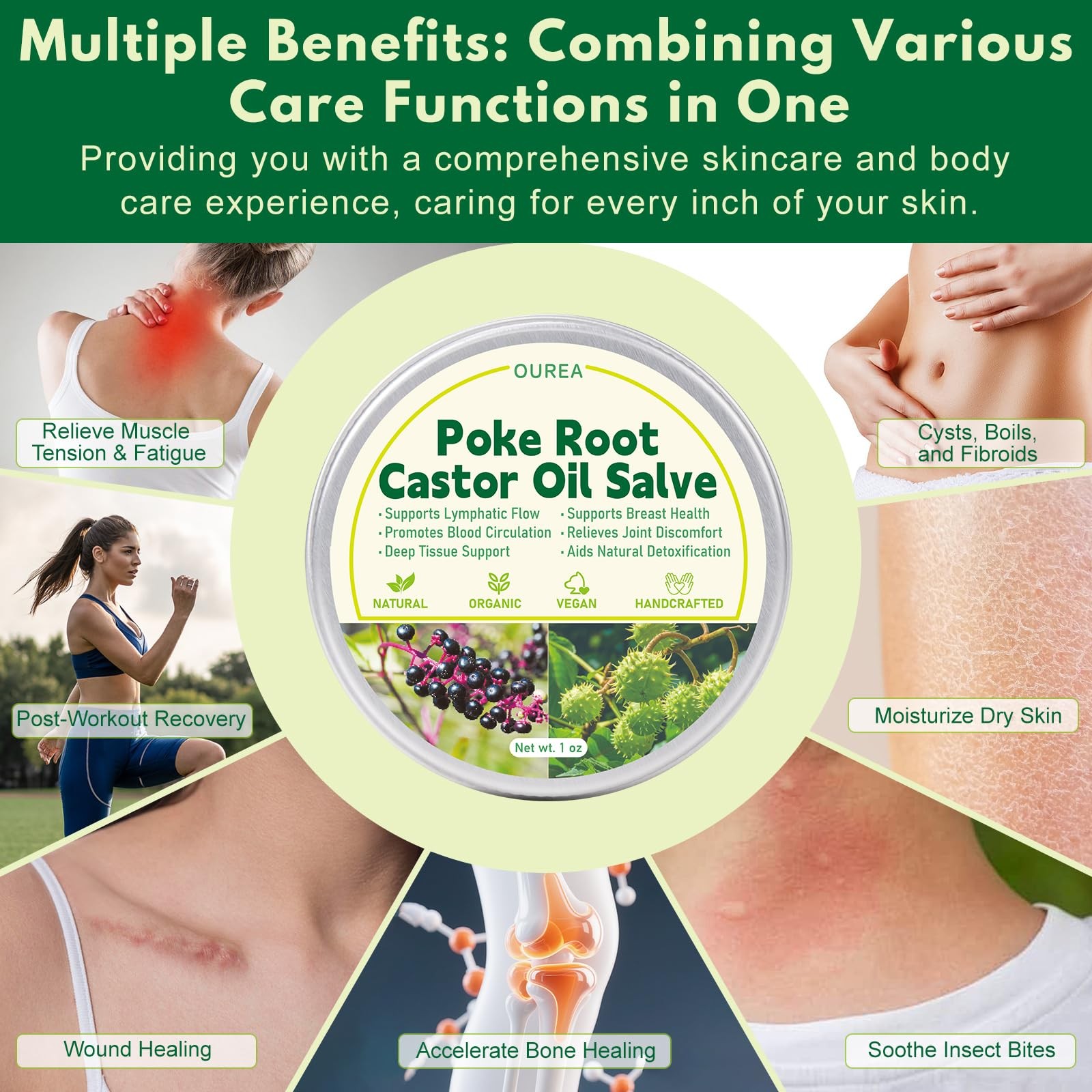 Poke Root Castor Oil Salve, Organic Lymphatic Support Massage Balm, Deep Tiss…