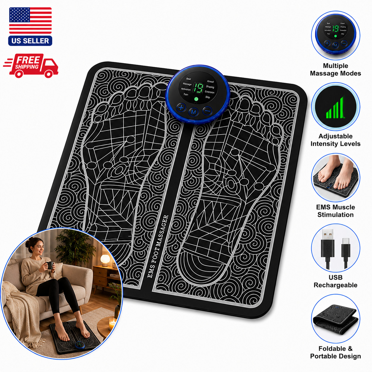 Electric EMS Foot Massager Mat USB Rechargeable Muscle Stimulator Pad