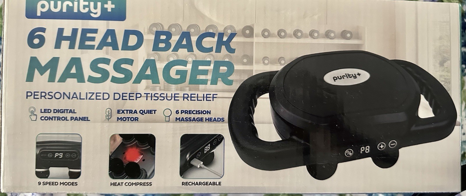 Purity+ 6-Head Back Massager Deep Tissue Heat, Rechargeable USB, LED Panel