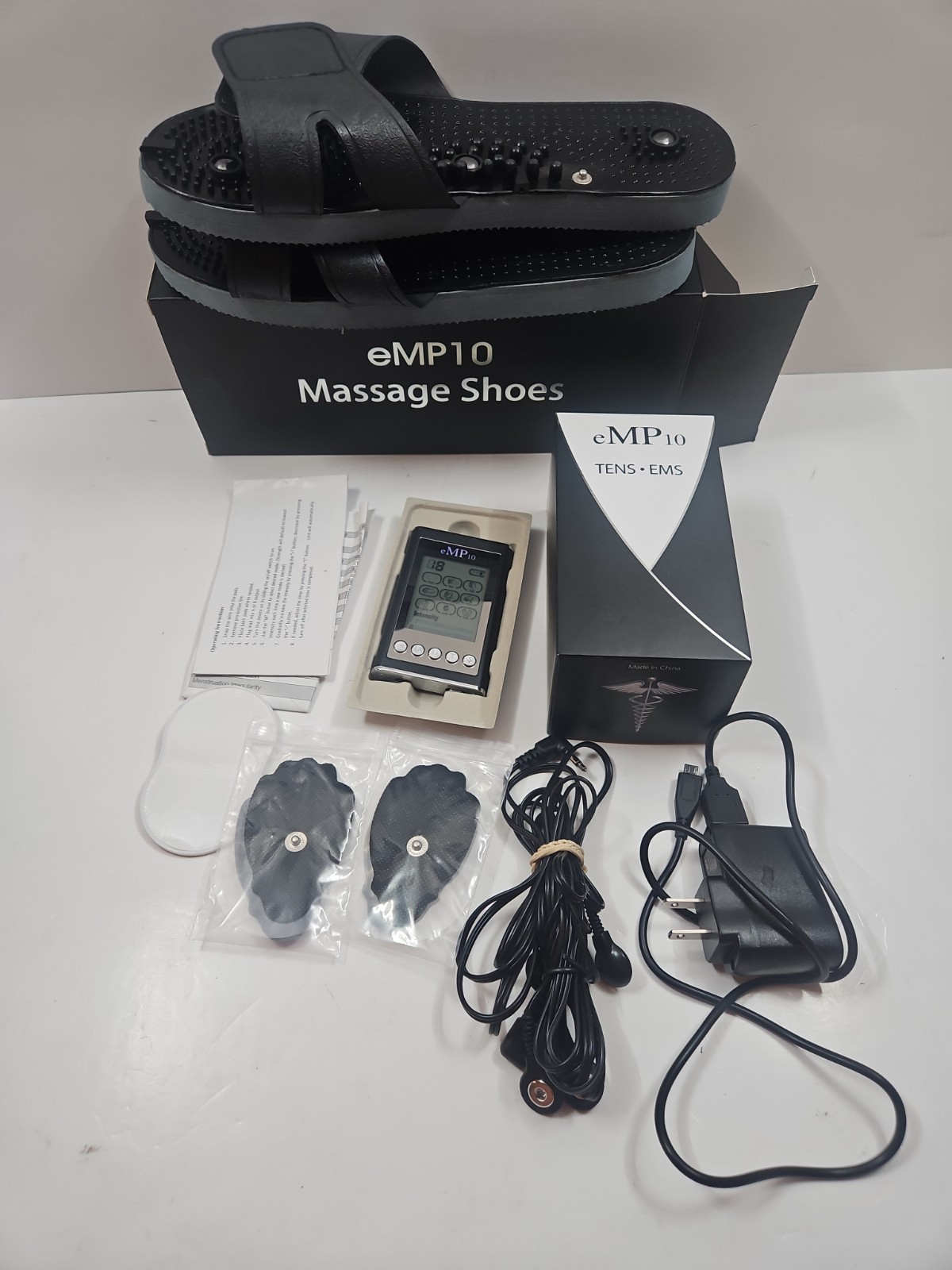 eMP10 Tens EMS Portable Wired Massager Machine ,20 Pads, Massage Shoes. Tested