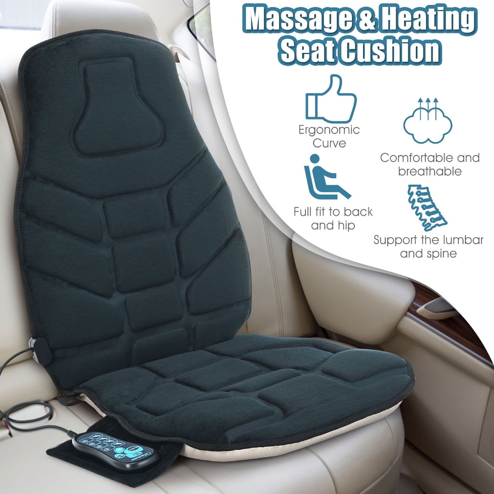 Car & Home Massage Cushion with Heat – 6 Motors, 5 Modes, 3 Intensity Levels