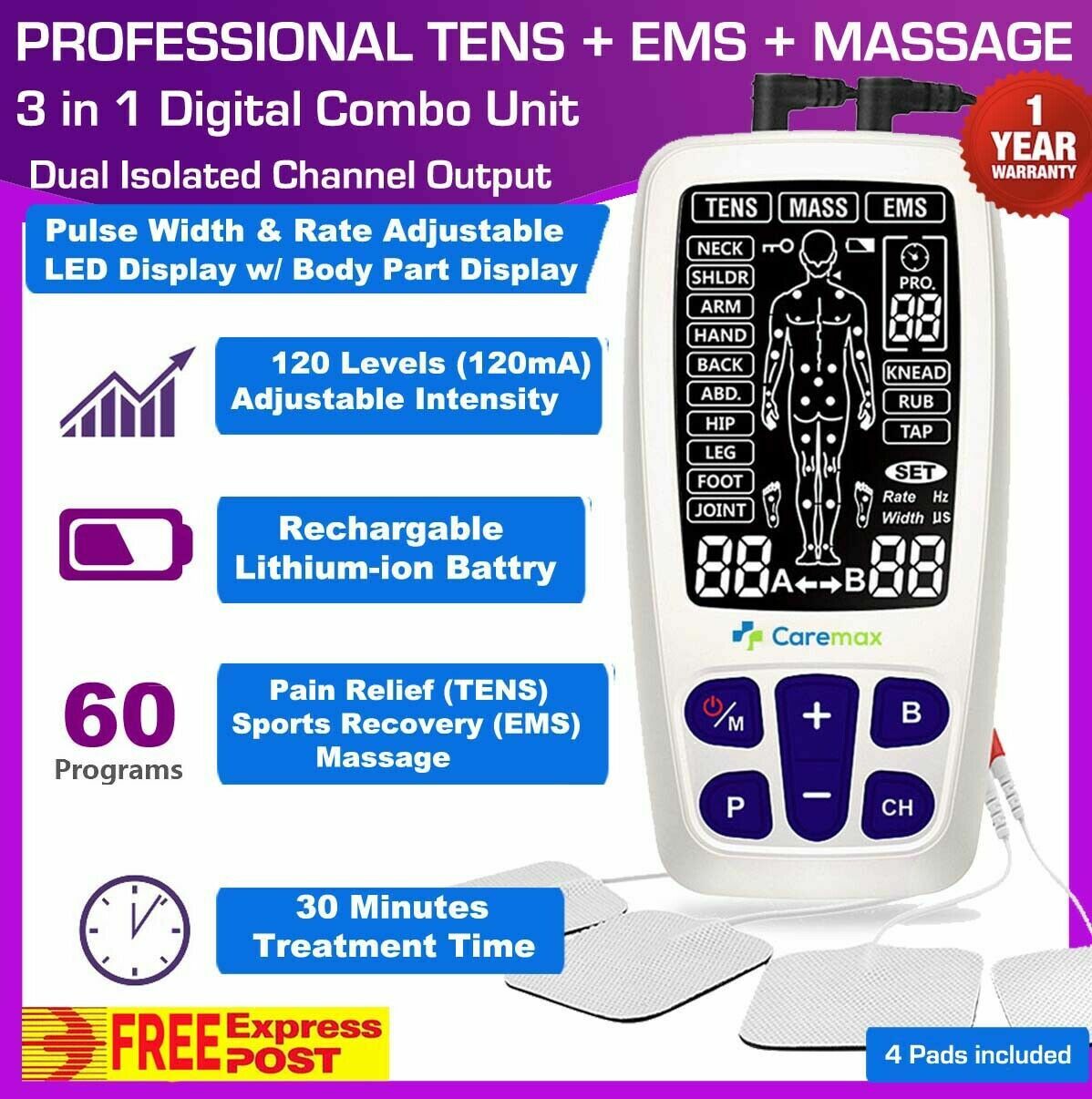 TENS Machine EMS 3 in 1 Combo Unit Pain Relief Massager LED Screen Dual Channel