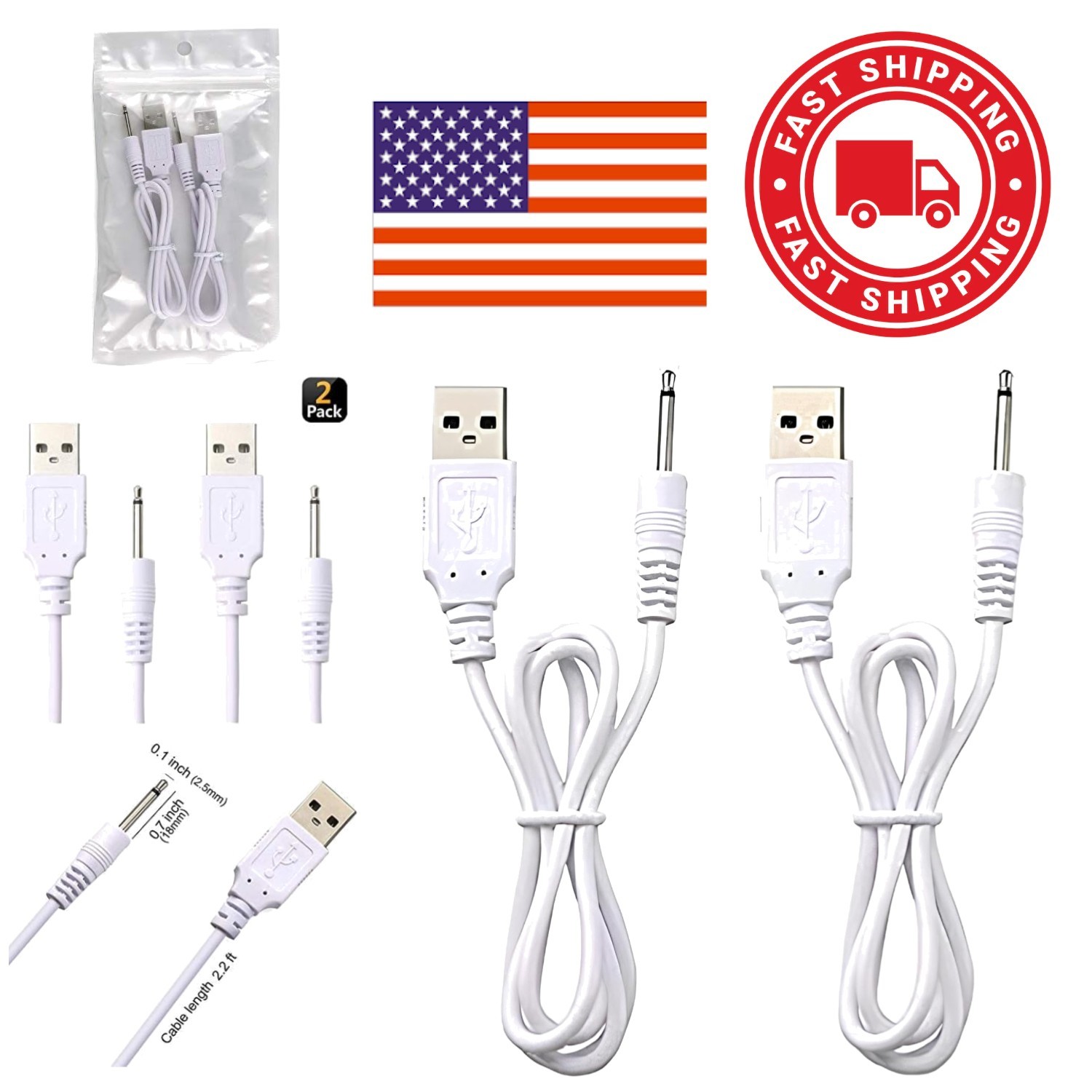 Durable 2 Pack USB Charger Cable 2.5mm DC Fast Charging for Compatible Devices