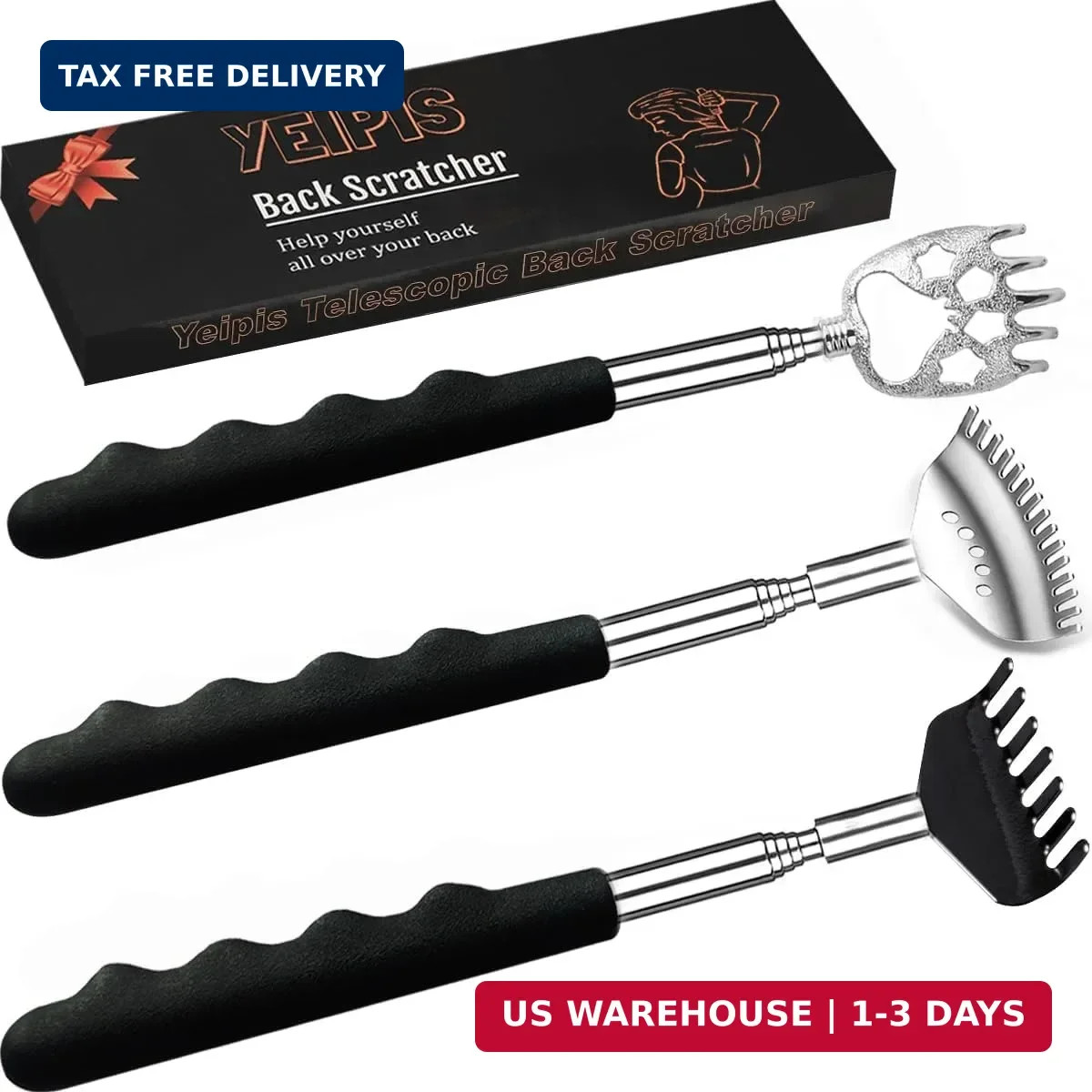 3 Pack Back Scratcher Metal Telescoping Extendable Rubber Handle Massager