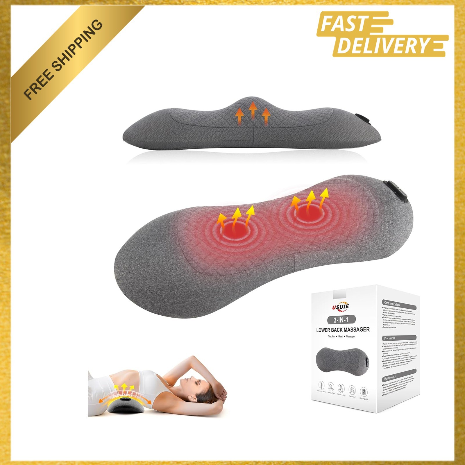 Electric Lumbar Support Pillow with Heat Massage Traction Cordless 3-in-1 Lower
