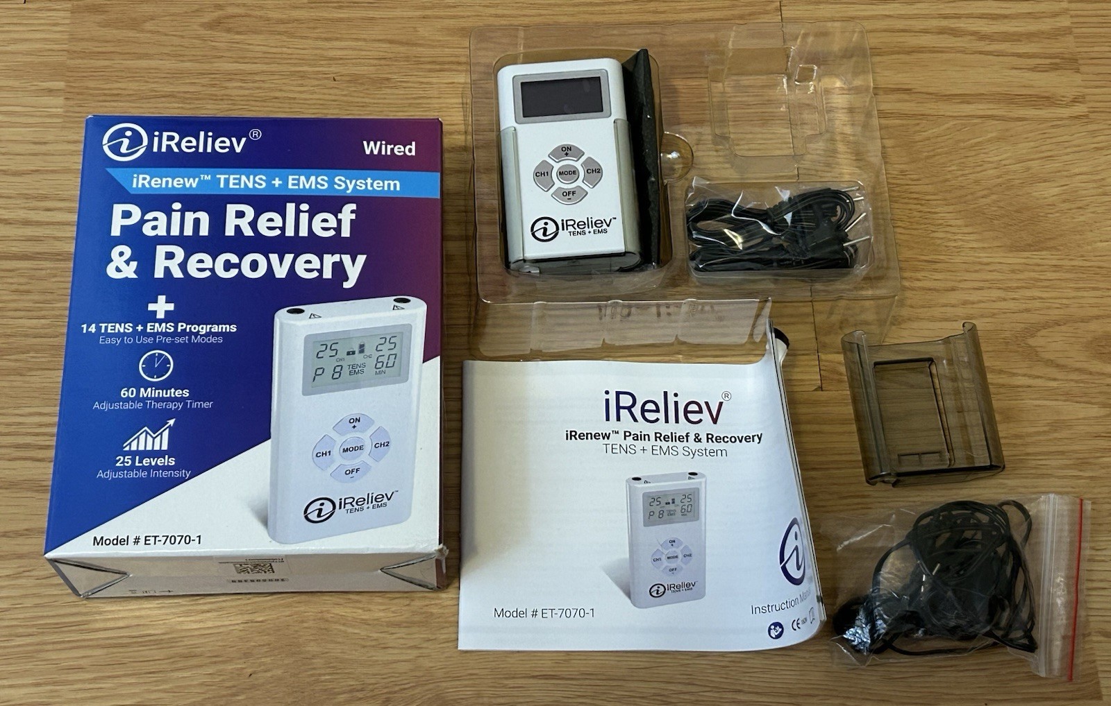 iRELIVE ET-7070 TENS + EMS PAIN RELIEF & MUSCLE STIMULATOR, WHITE + Pads