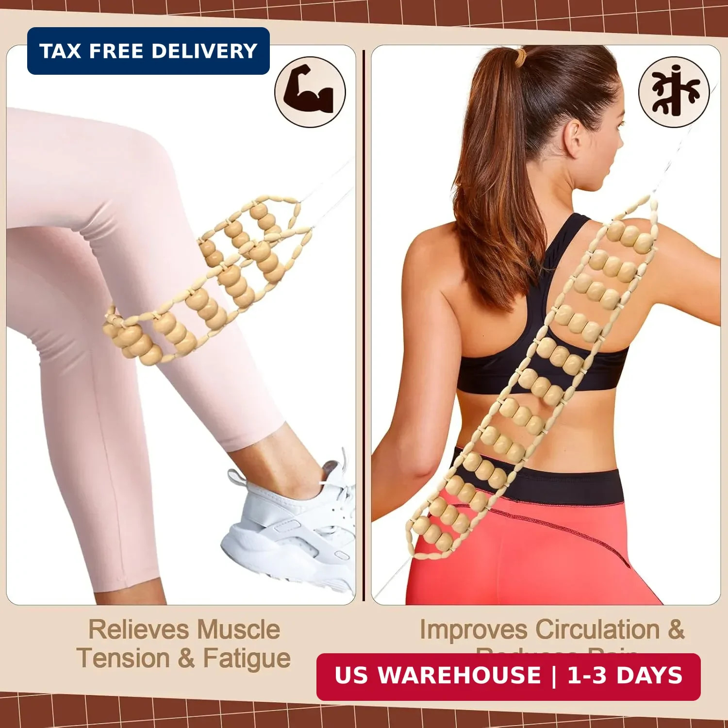 Wood Therapy Massage Tools, Wood Back Roller – Wooden Massage Roller Rope Madero