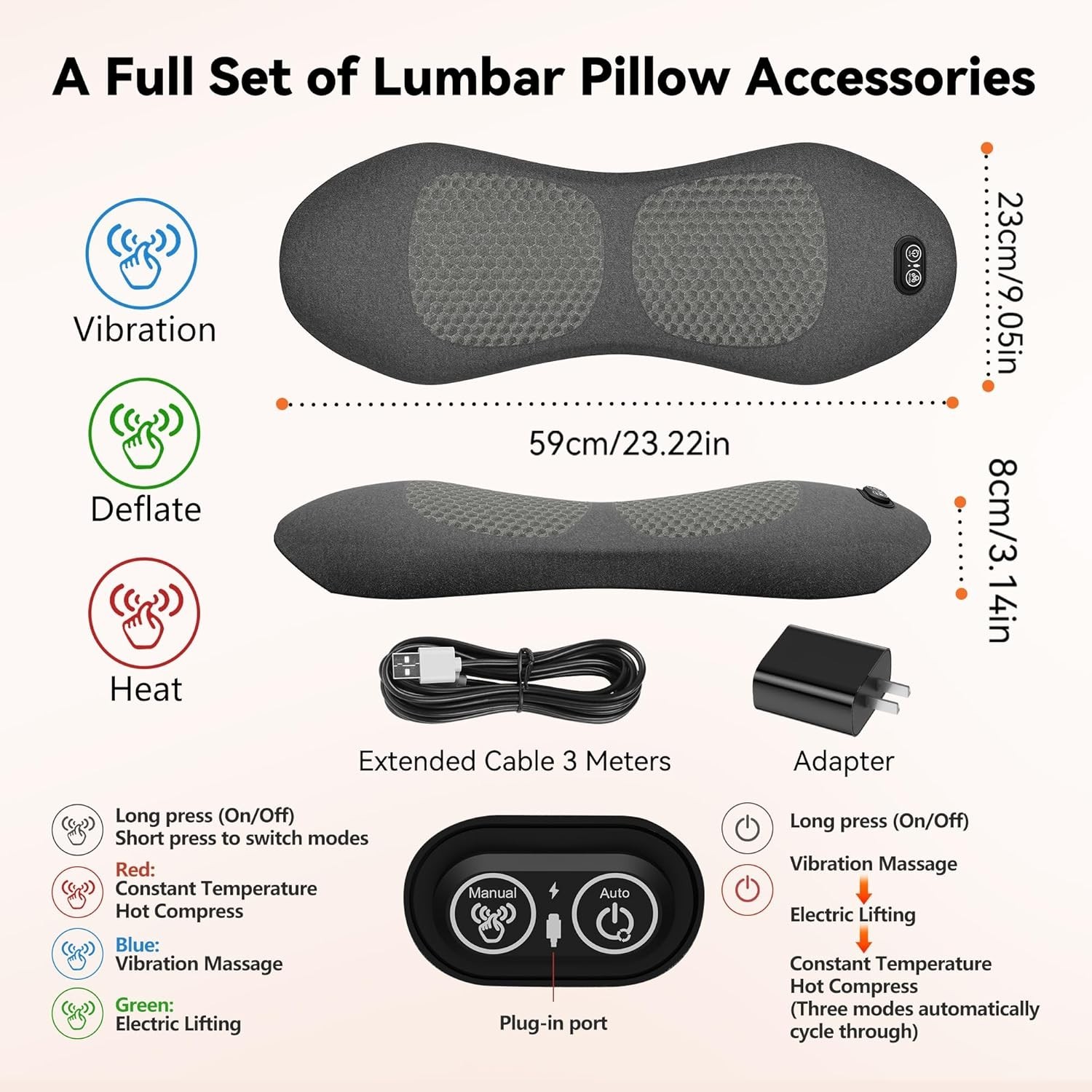 3 in 1 Smooth Spine Triple Fusion Back Massager with 118-Inch USB Cable, Heated