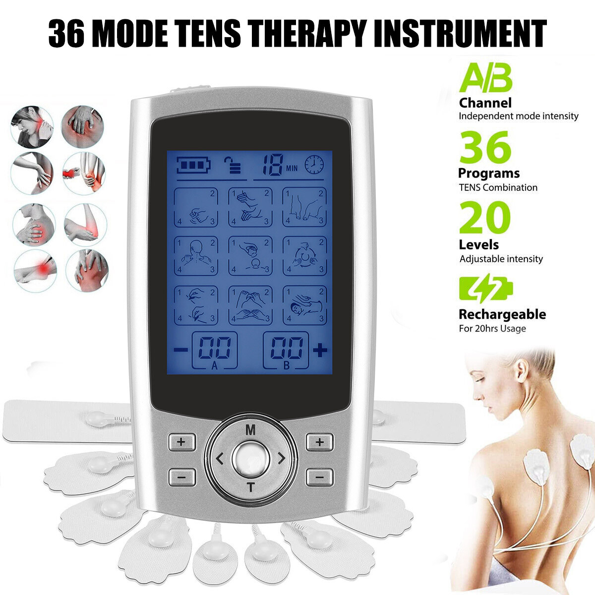 36 Modes Massager Tens Unit Muscle Therapy Pain Relief Stimulator Machine Pulse