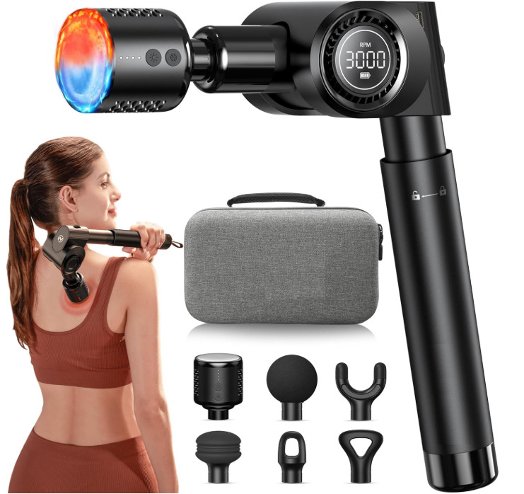 Masajeador de Percusión con Calor y Frío, 32 Niveles y Mango Largo. Nuevo