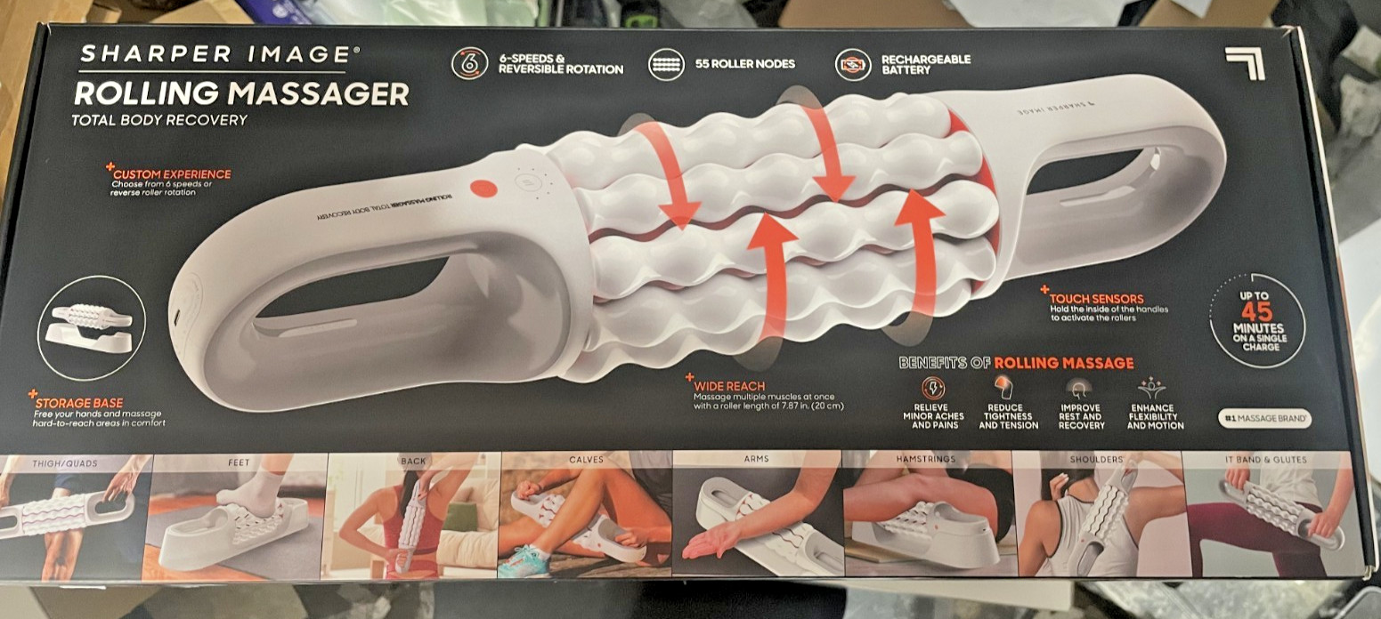 Sharper Image Rolling Massager Rechargeable 6-Speeds Total Body Recovery White