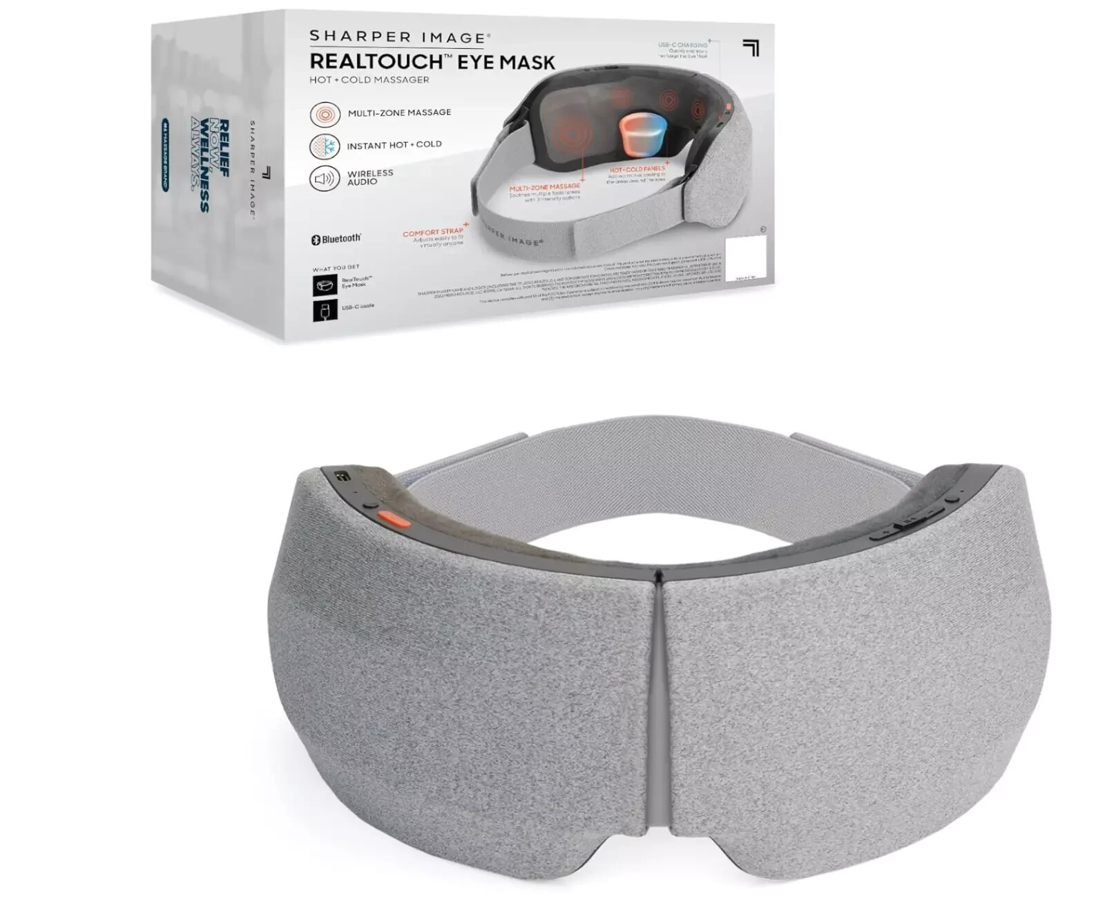 Sharper Image RealTouch Eye Mask Massager Hot & Cold + Bluetooth-Grey