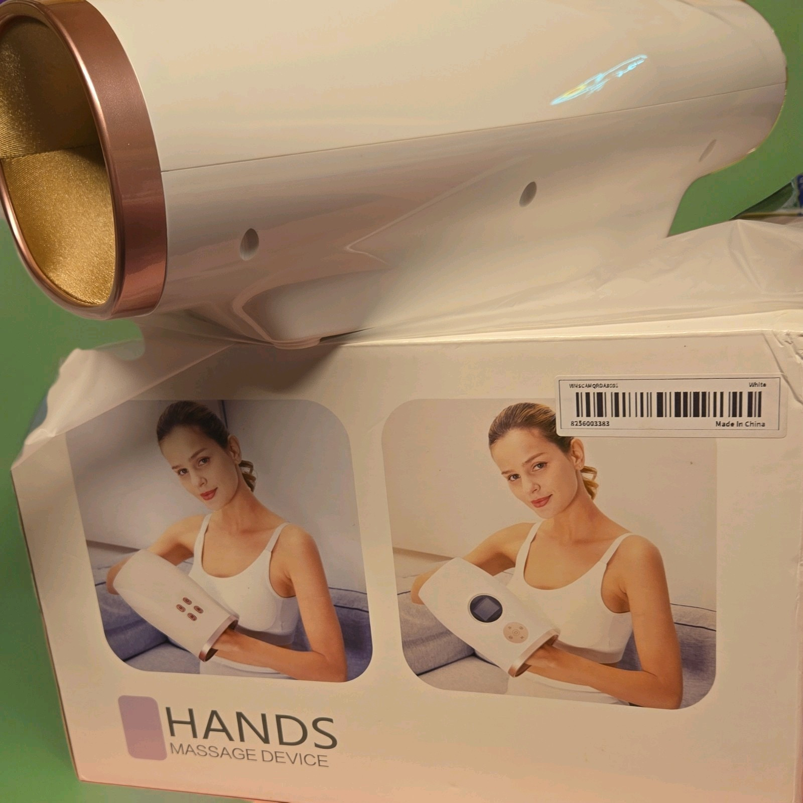 Heated Hand Massager White Gold Air Compression for Hand Arm Plastic Fabric