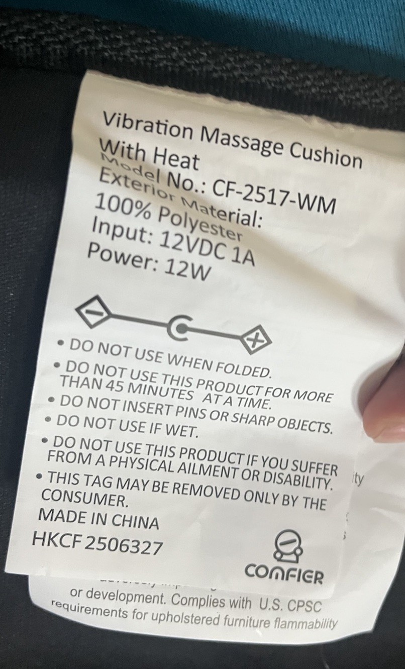 Comfier Vibration Massage Seat Cushion w/ Heat 12V CF-2517-WM TESTED WORKING