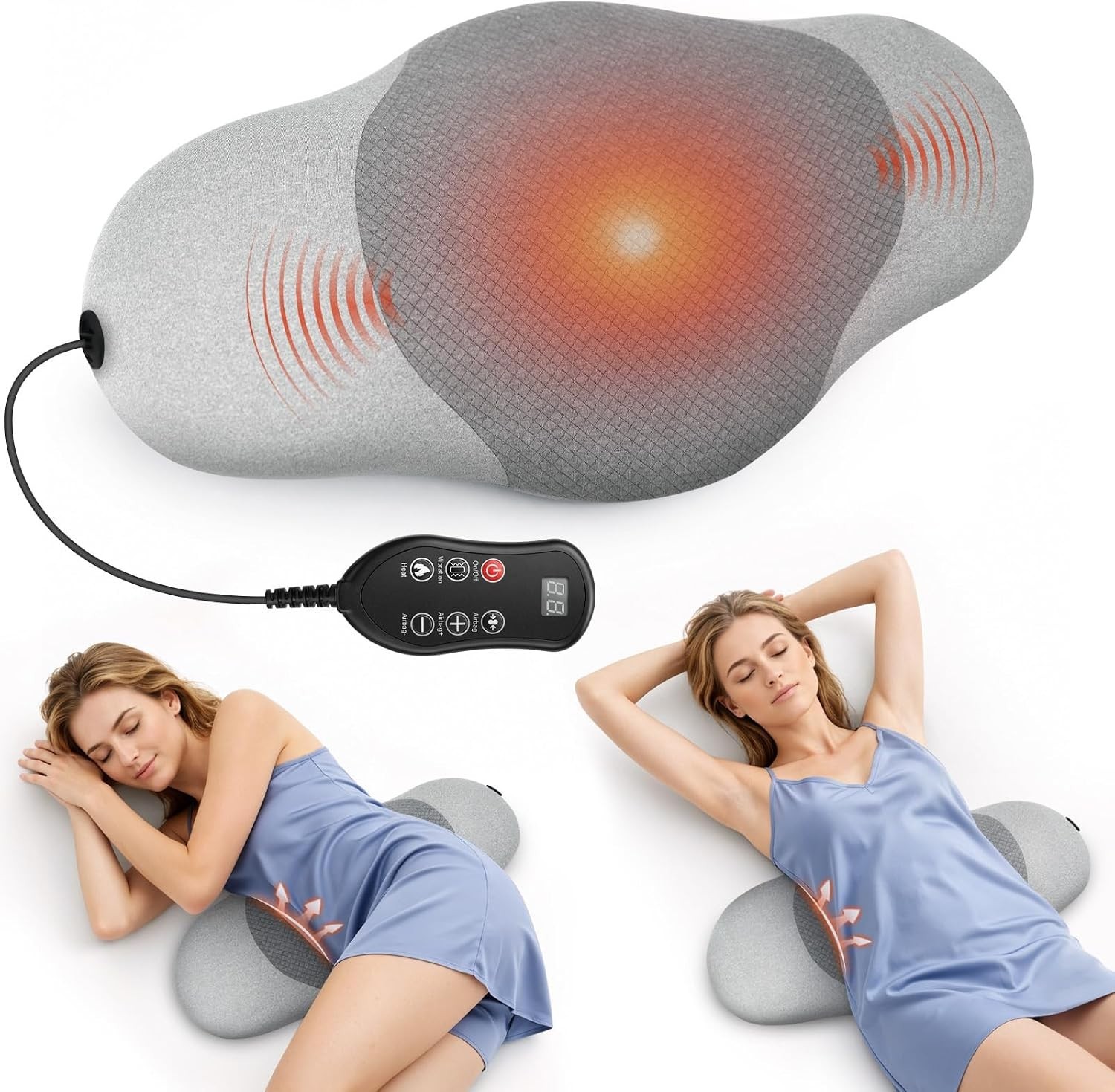 3-in-1 Heated Lumbar Support Pillow with Vibration & Traction for Home & Car
