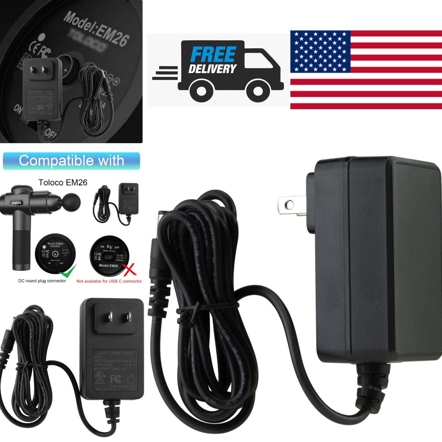 24V Power Adapter Charger for Massage Gun with 5ft Cord and Short Circuit Safety