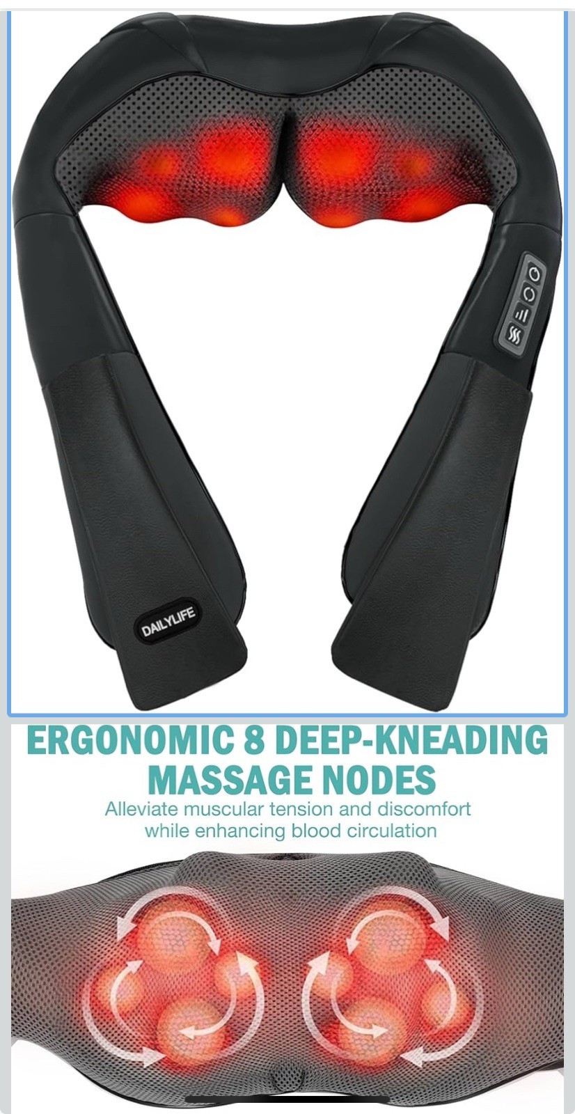Daily Life Shiatsu Neck Back Massager with Soothing Heat, Electric Deep Tissue
