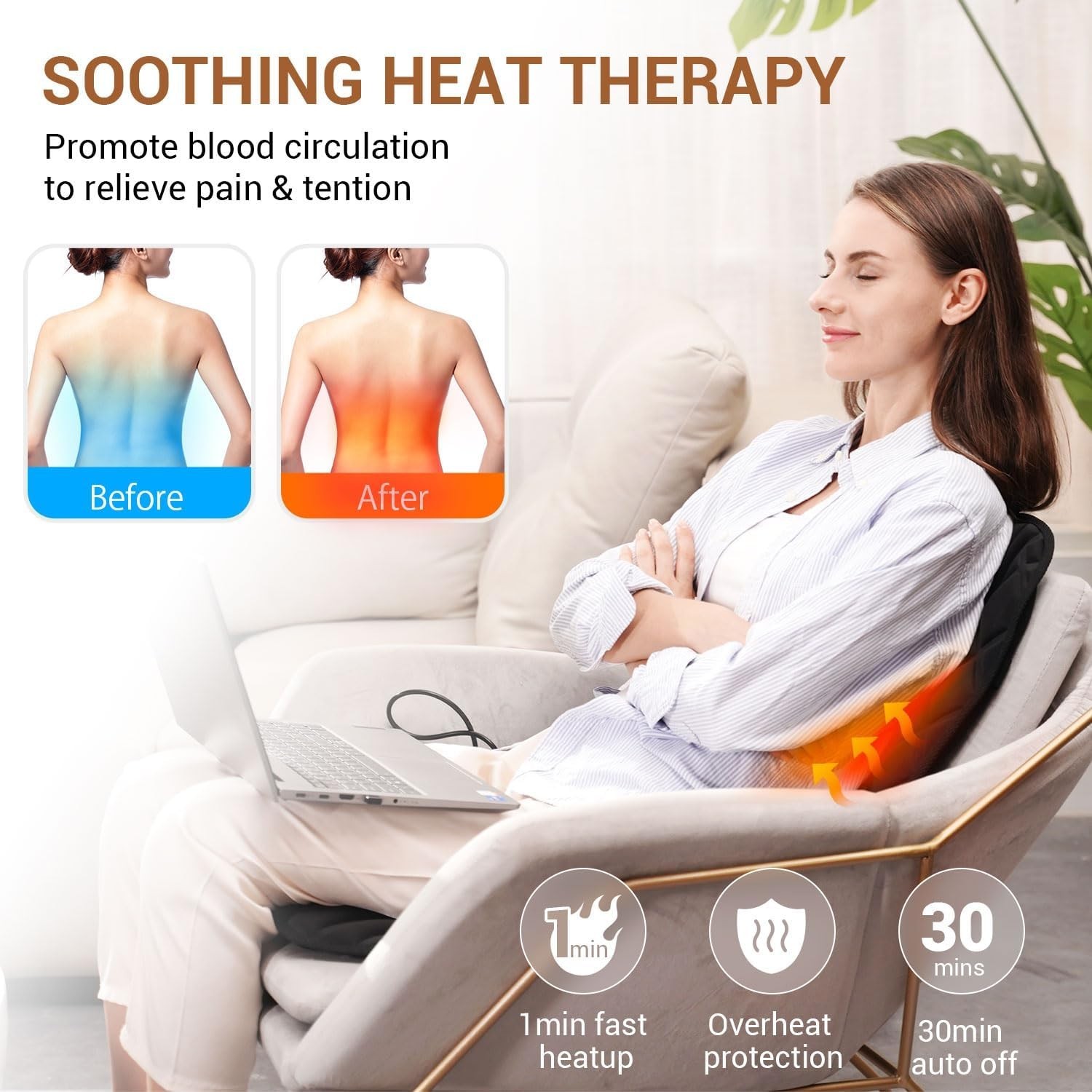 Heated Back Massager Seat Cover Cushion with 5 Vibration Nodes for Pain Relief