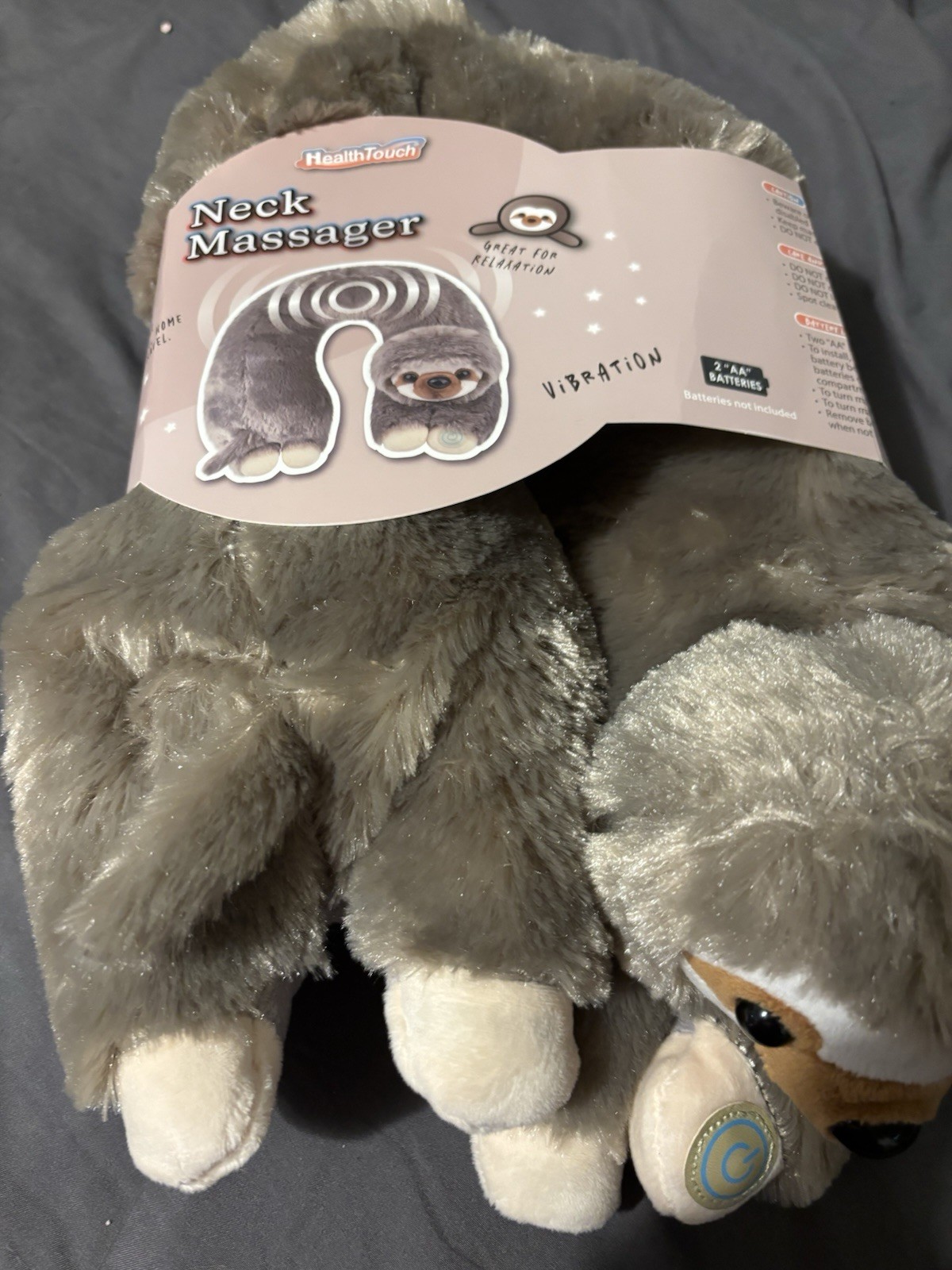 HealthTouch Vibrating Plush Sloth Neck Massager, Gray, Battery Powered, 13in, CE