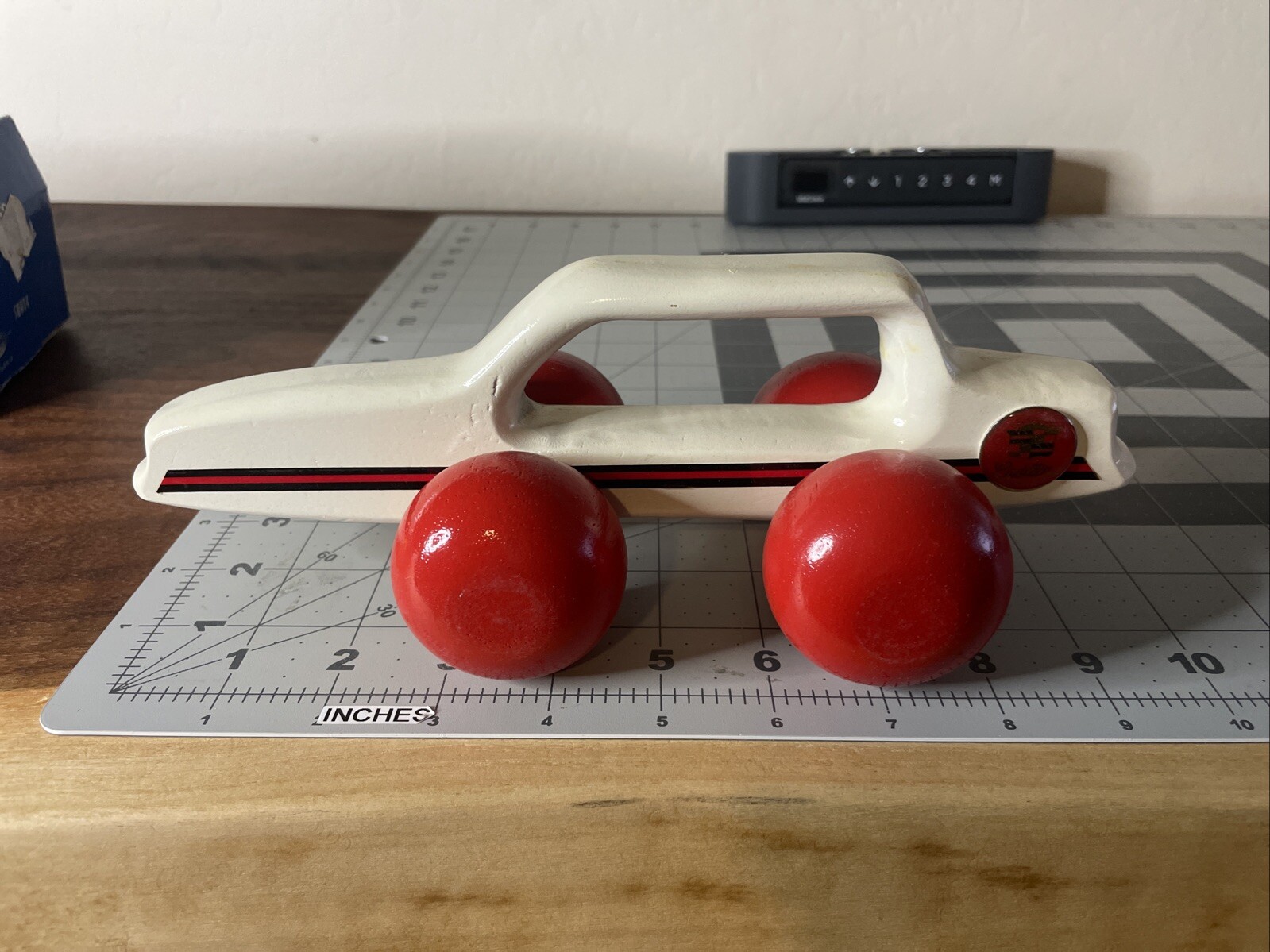 Vintage Cadillac Eldorado White/Red Painted Wood Auto Massage Roller Swank (L5)