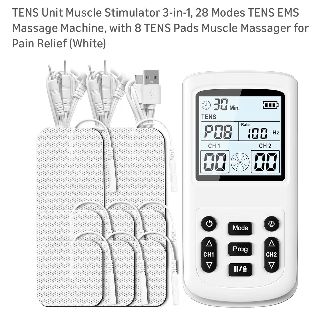 New 3-in-1 TENS Unit Muscle Stimulator, EMS Massage Machine, Pain Relief, 8 Pads