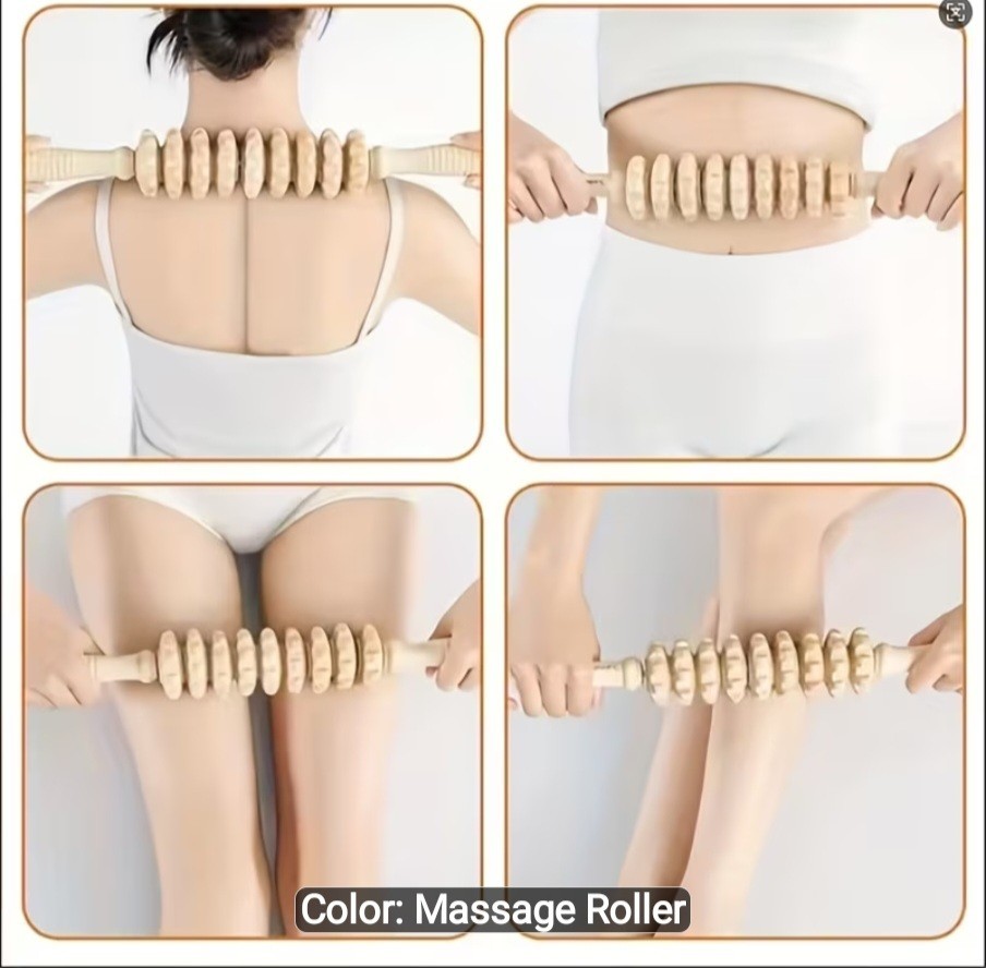 Wooden 9 Wheel Massage Roller Stick Full Body Muscle Therapy & Fascia Massager