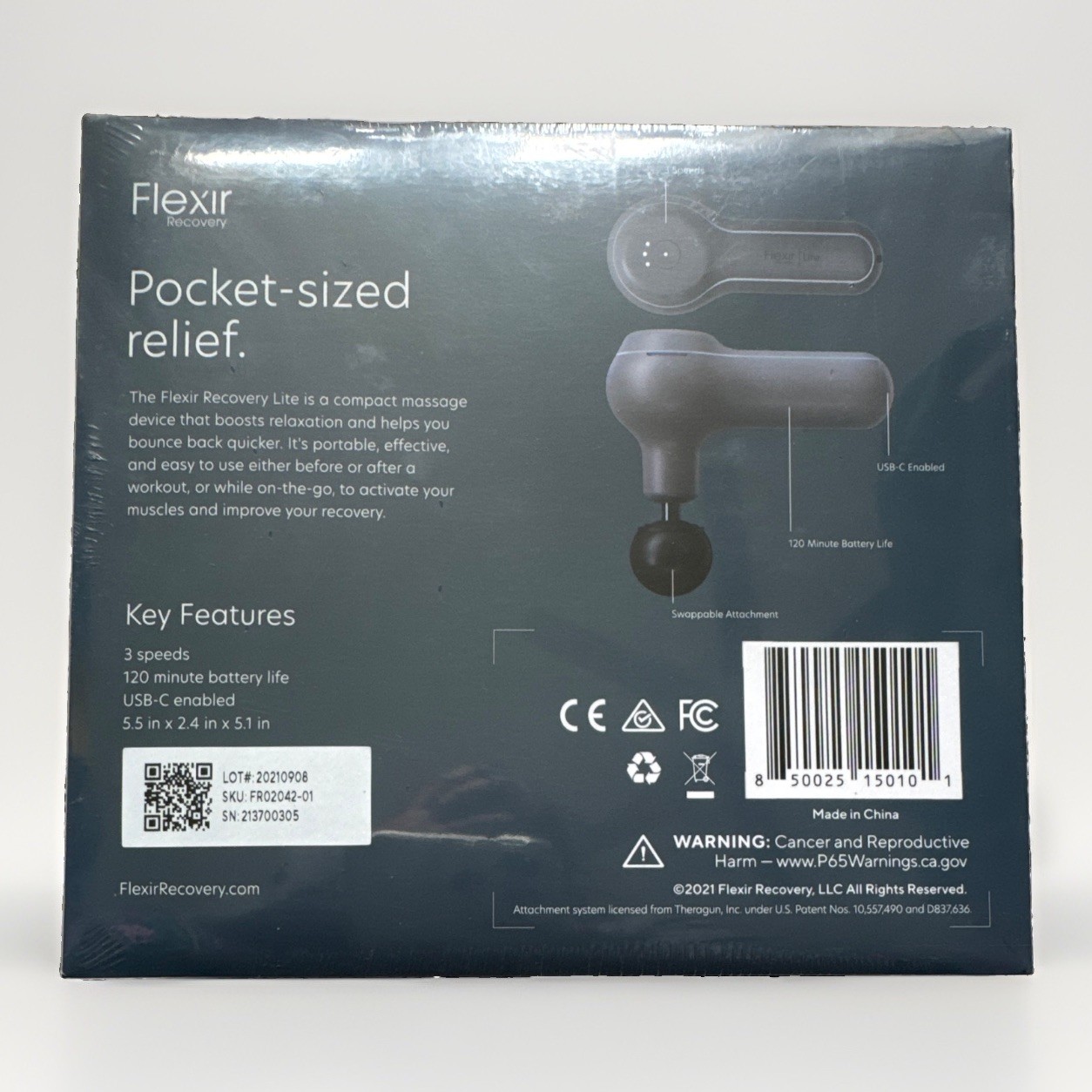 Flexir Recovery Lite Muscle Massager, USB-C Percussion, 120-Min Battery, Gray