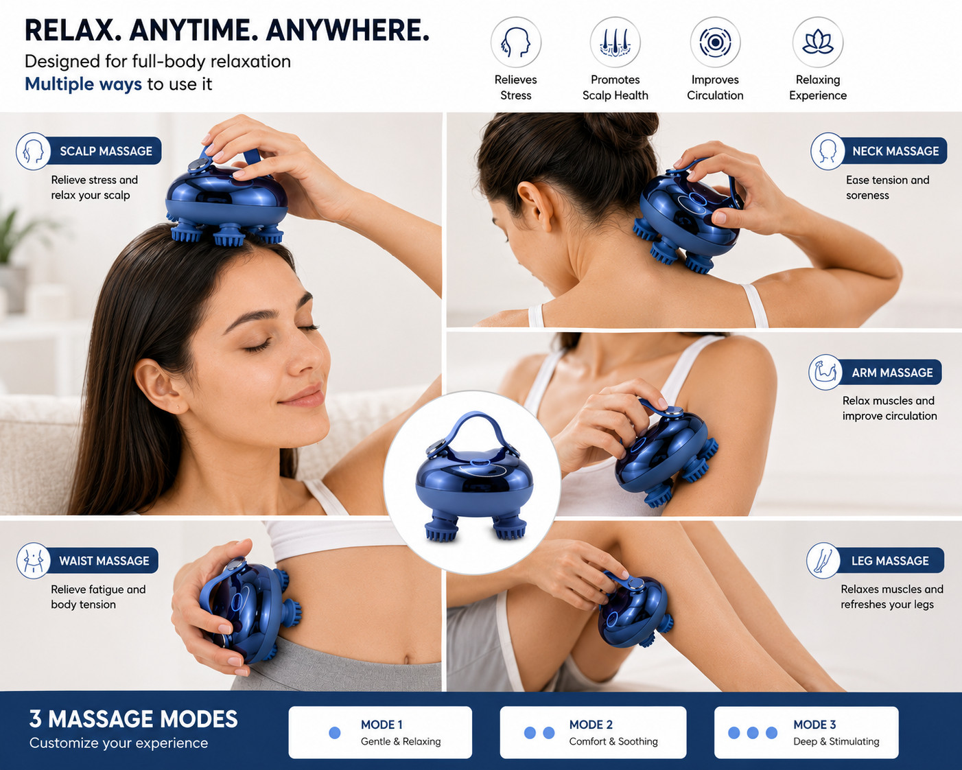 Electric Scalp Massager Rechargeable USB Head Massager 3 Modes Portable Blue