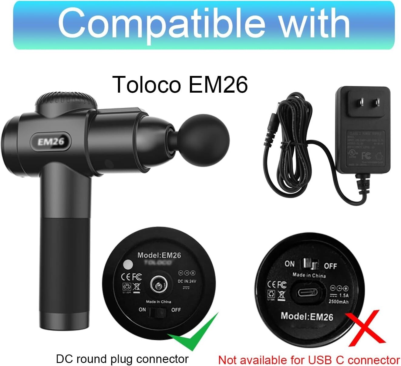 Compact and Safe 24V Charger Replacement for AERLANG Massage Guns – 5ft Cord