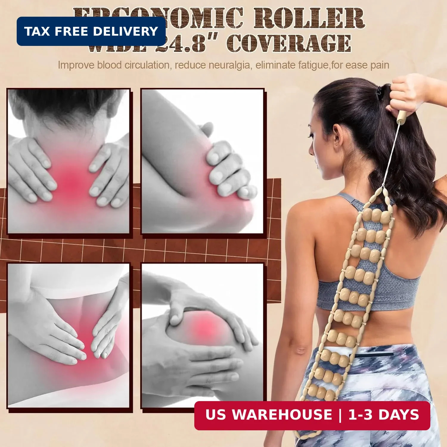 Wood Therapy Massage Tools, Wood Back Roller – Wooden Massage Roller Rope Madero