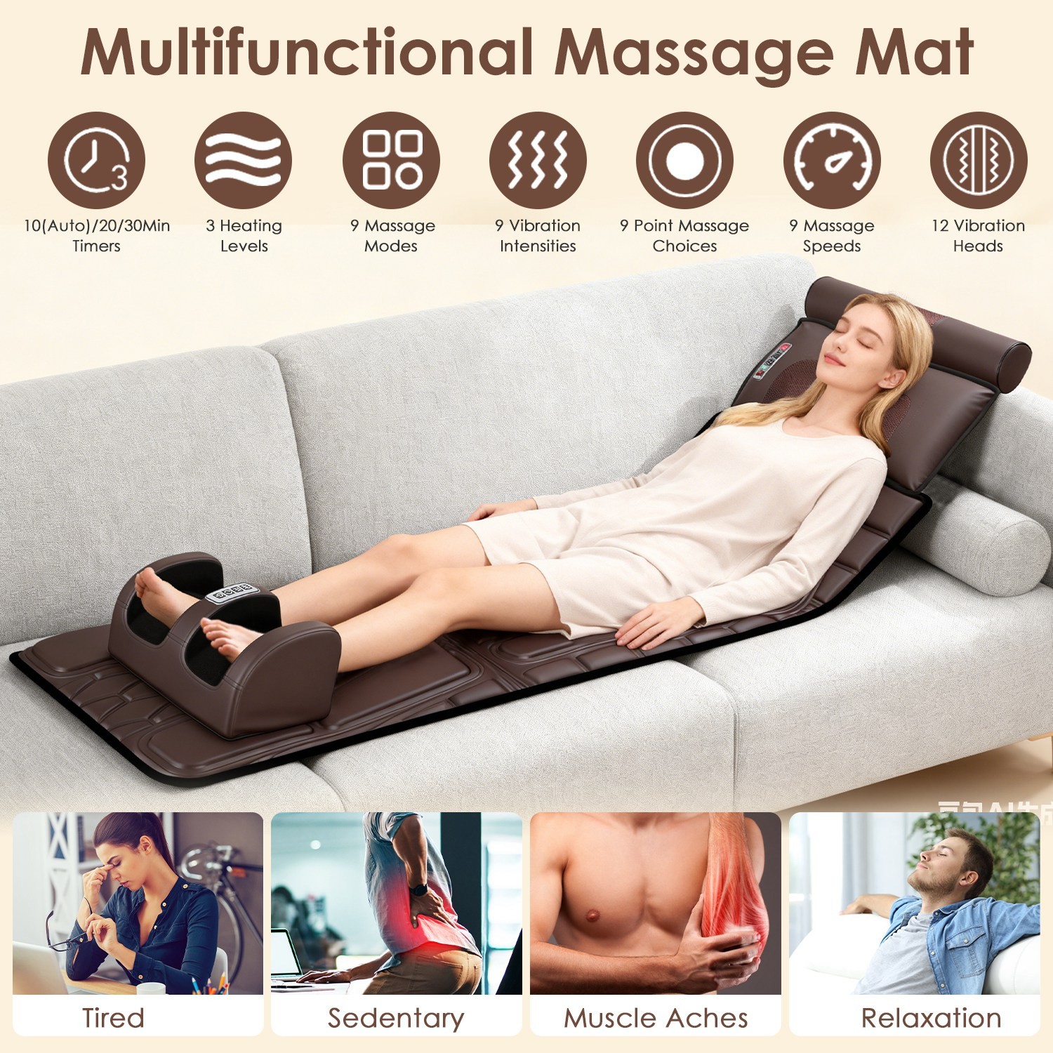 Electric PU Leather Full Body Massage Mat w/Carry Bag Shiatsu Neck Foot Massager