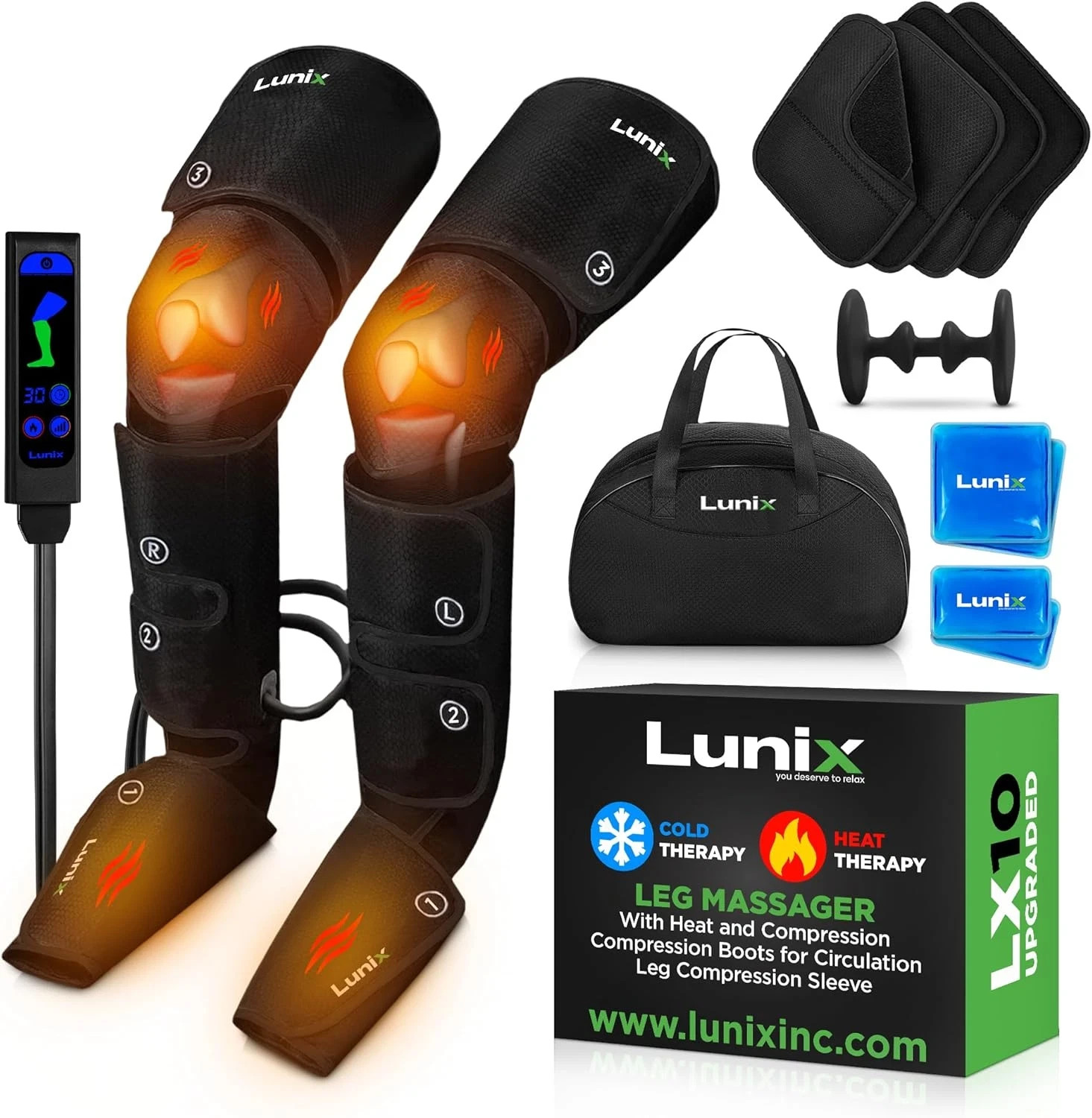 LX10 Full Leg Massager with Heat & Air Compression for Recovery, Charcoal Black