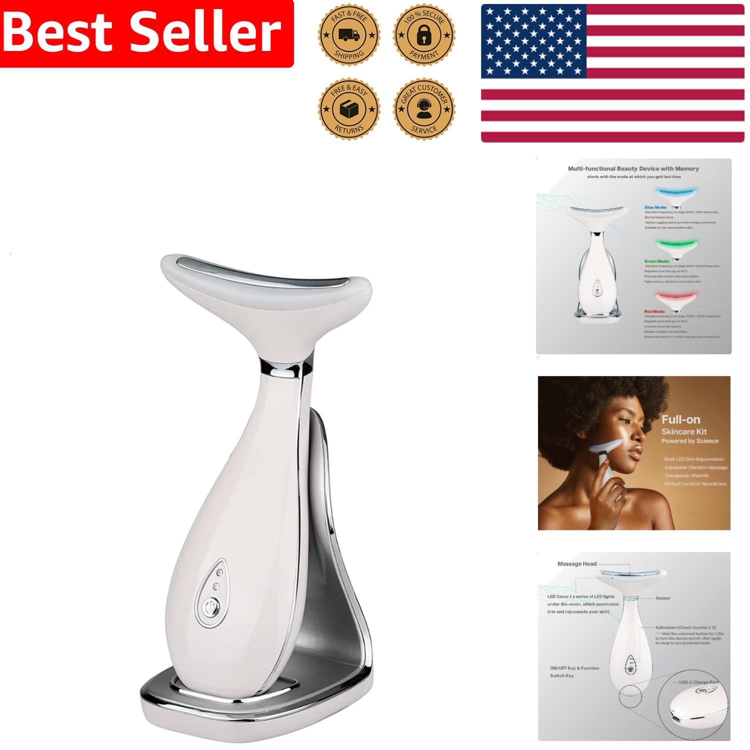 Neck Face Massager Pearl White Triple Action LED Anti-Aging Skin Rejuvenation…