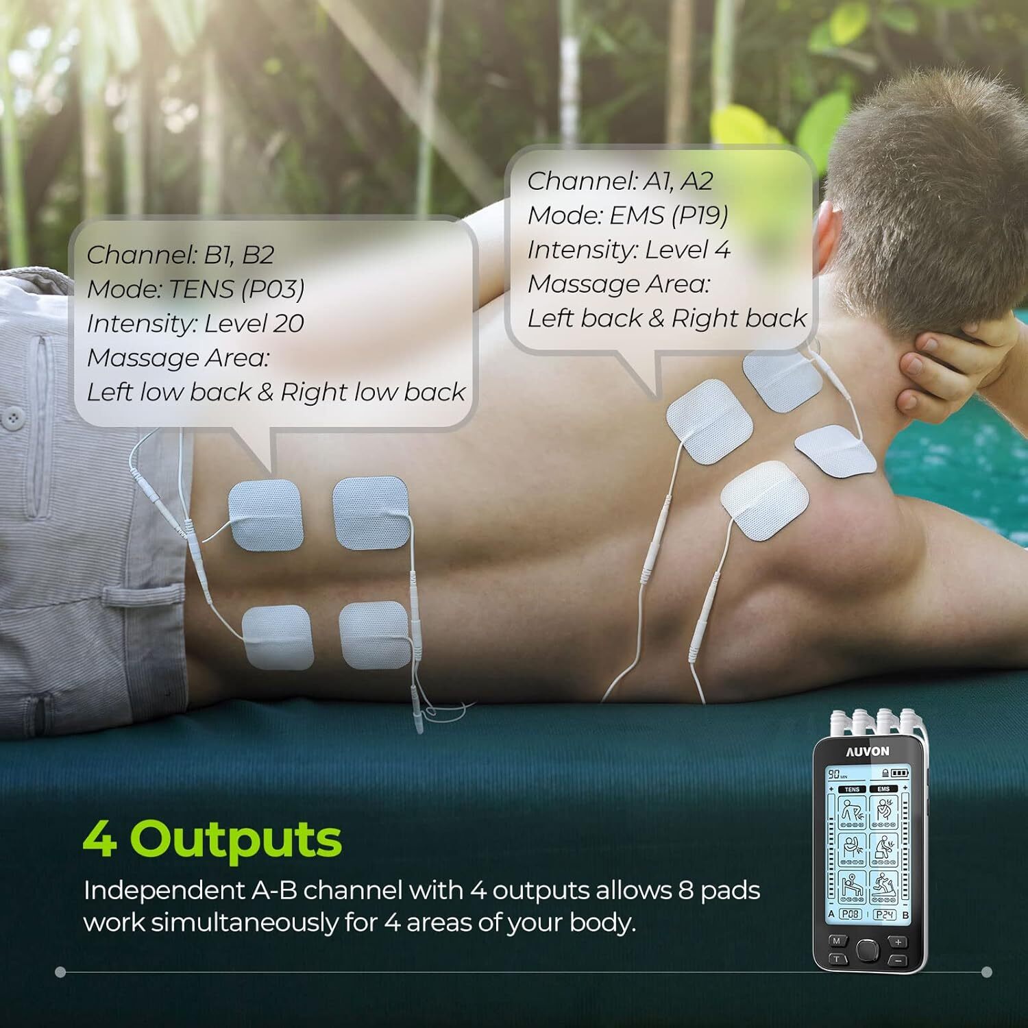 AUVON 4 Outputs TENS Unit EMS Muscle Stimulator Machine for Pain Relief Thera…