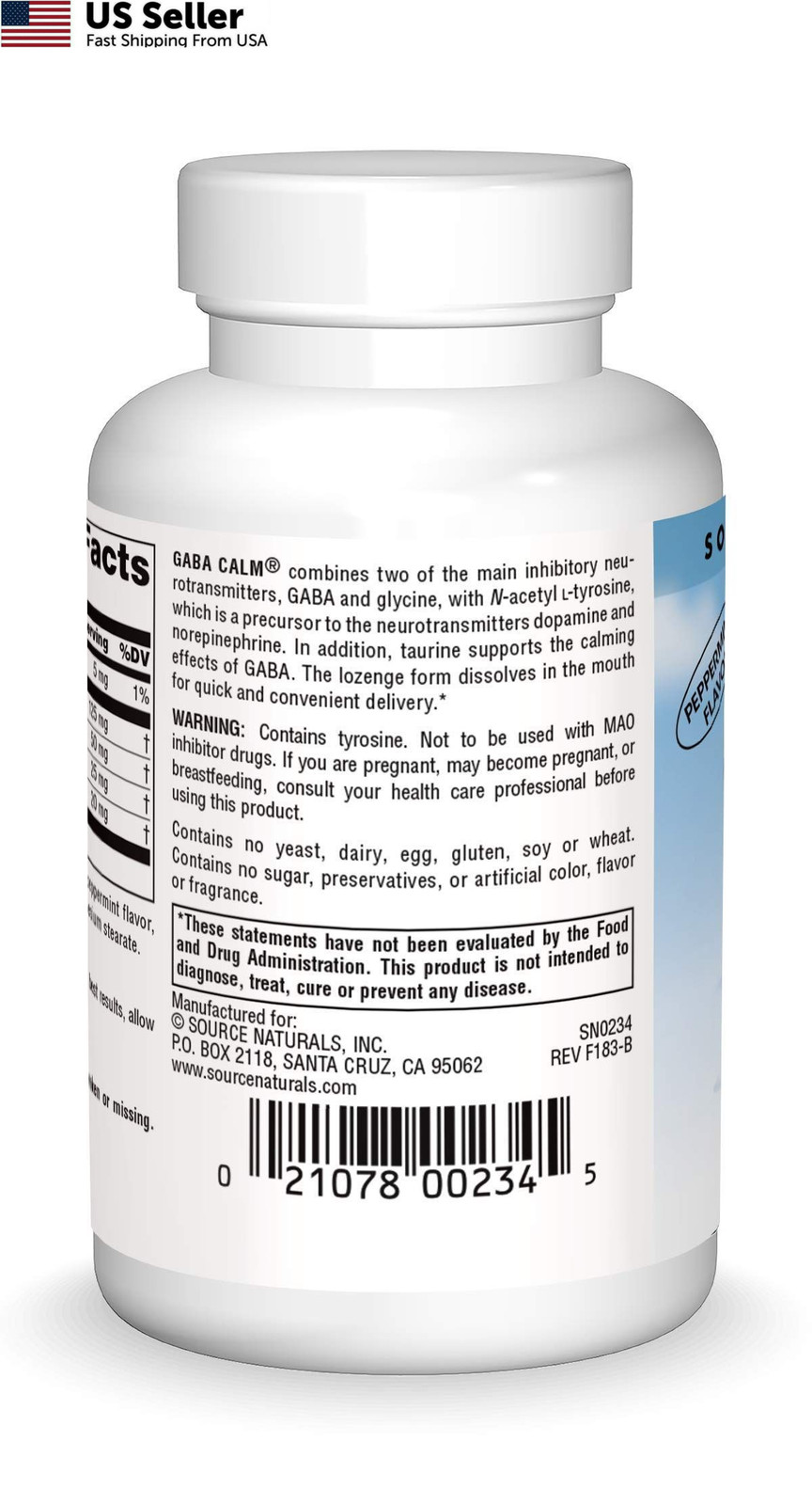 Source Naturals GABA Calm 60 Lozenges Quick Dissolve Peppermint Relax FROM USA