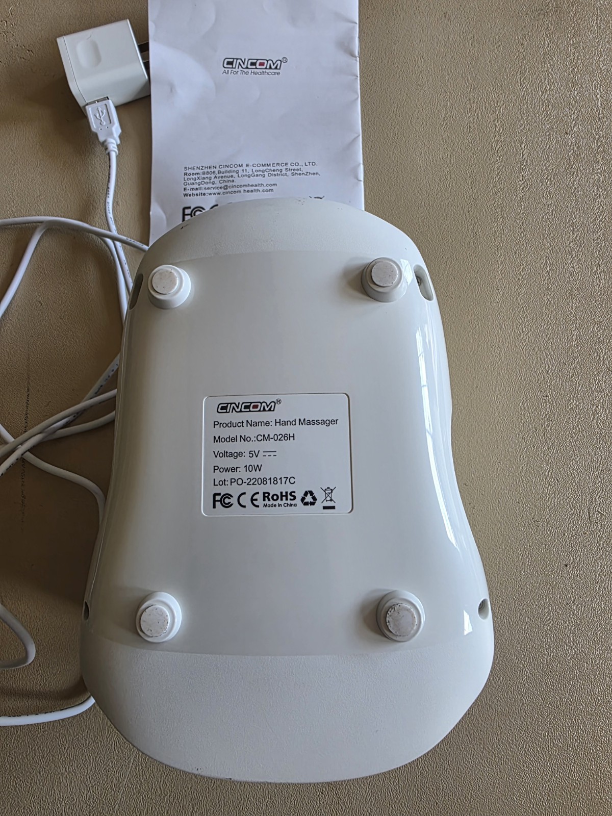 CINCOM CM-026H Heated Hand Massager, Corded 5V USB, CE/FCC/RoHS, White