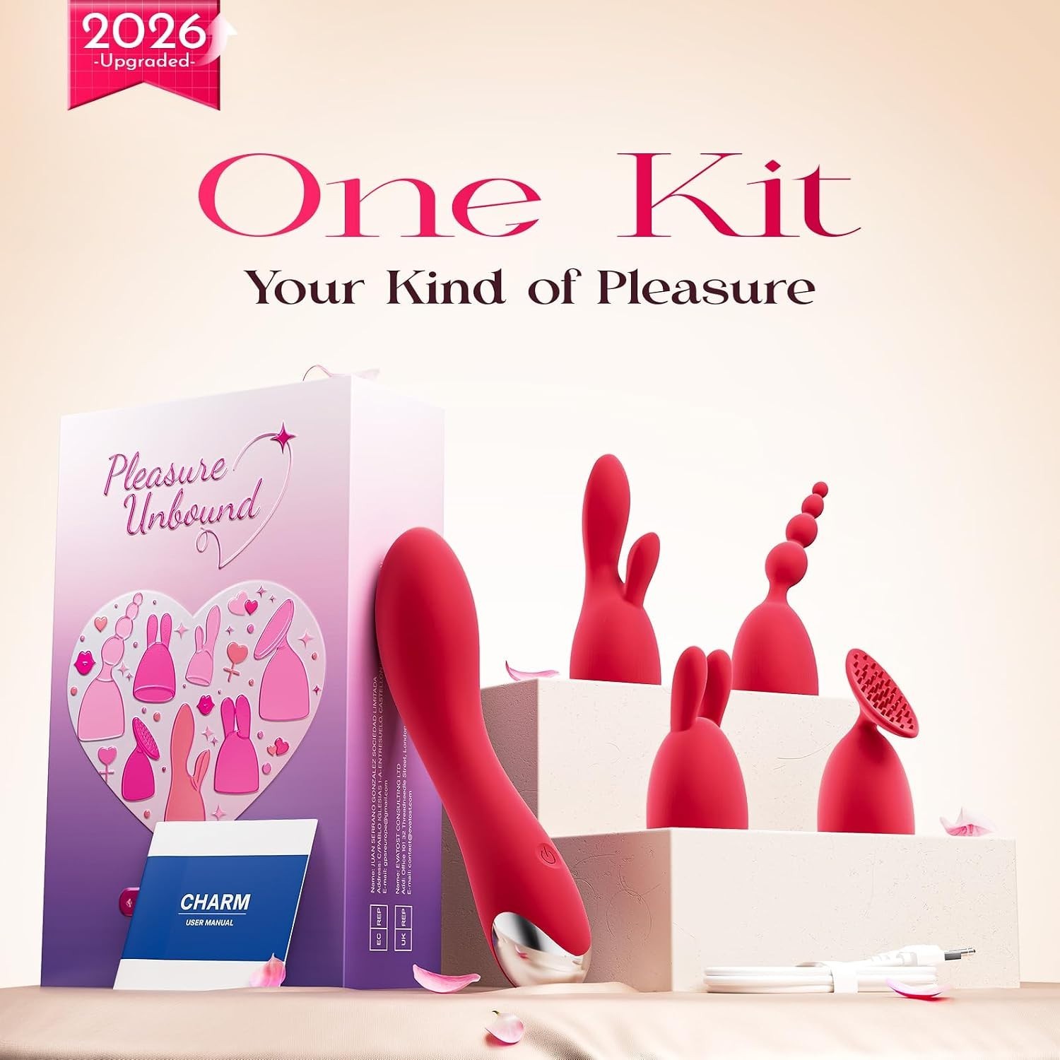 APP Control Rechargeable Personal Massager Kit 4 Heads Waterproof Red Toy