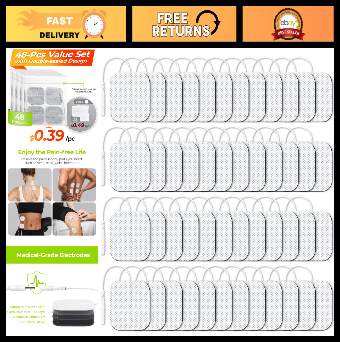 Reusable TENS Unit Electrode Pads 2″x2″ – 48 Pcs, Latex-Free, Self-Adhesive, Com