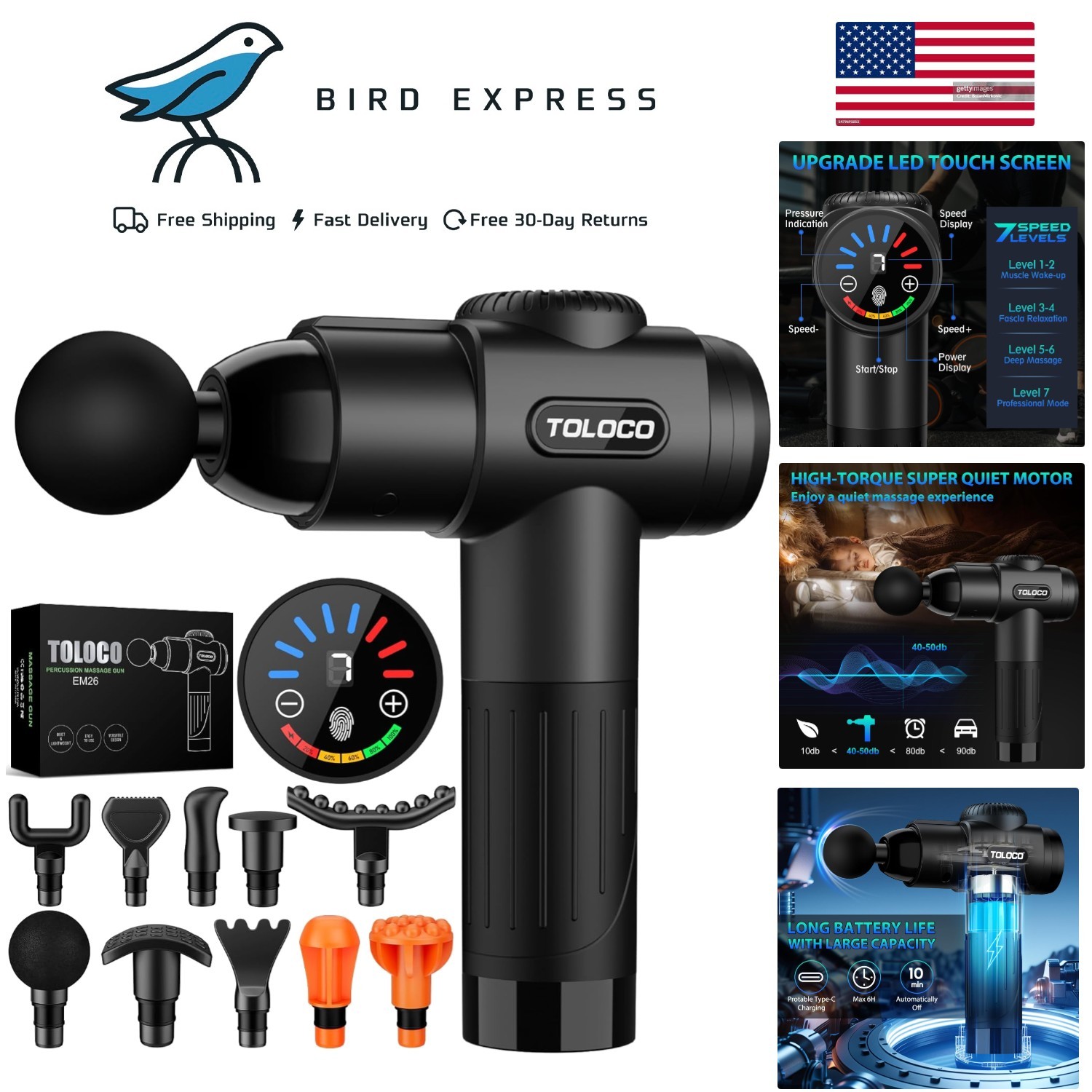 Deep Tissue Massage Gun with 10 Heads Cordless Percussion Massager Pain Relief